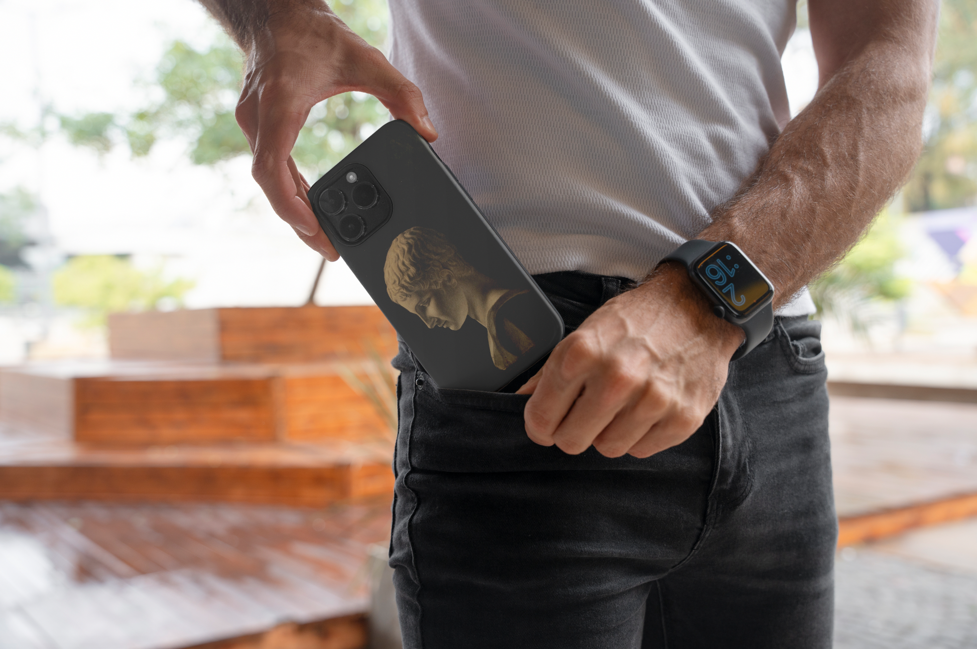 A detailed image of the ARTSNOB phone case featuring the Greek Youth painting. This tough case provides ultimate protection for your phone while showcasing a significant piece of figurative fine art.