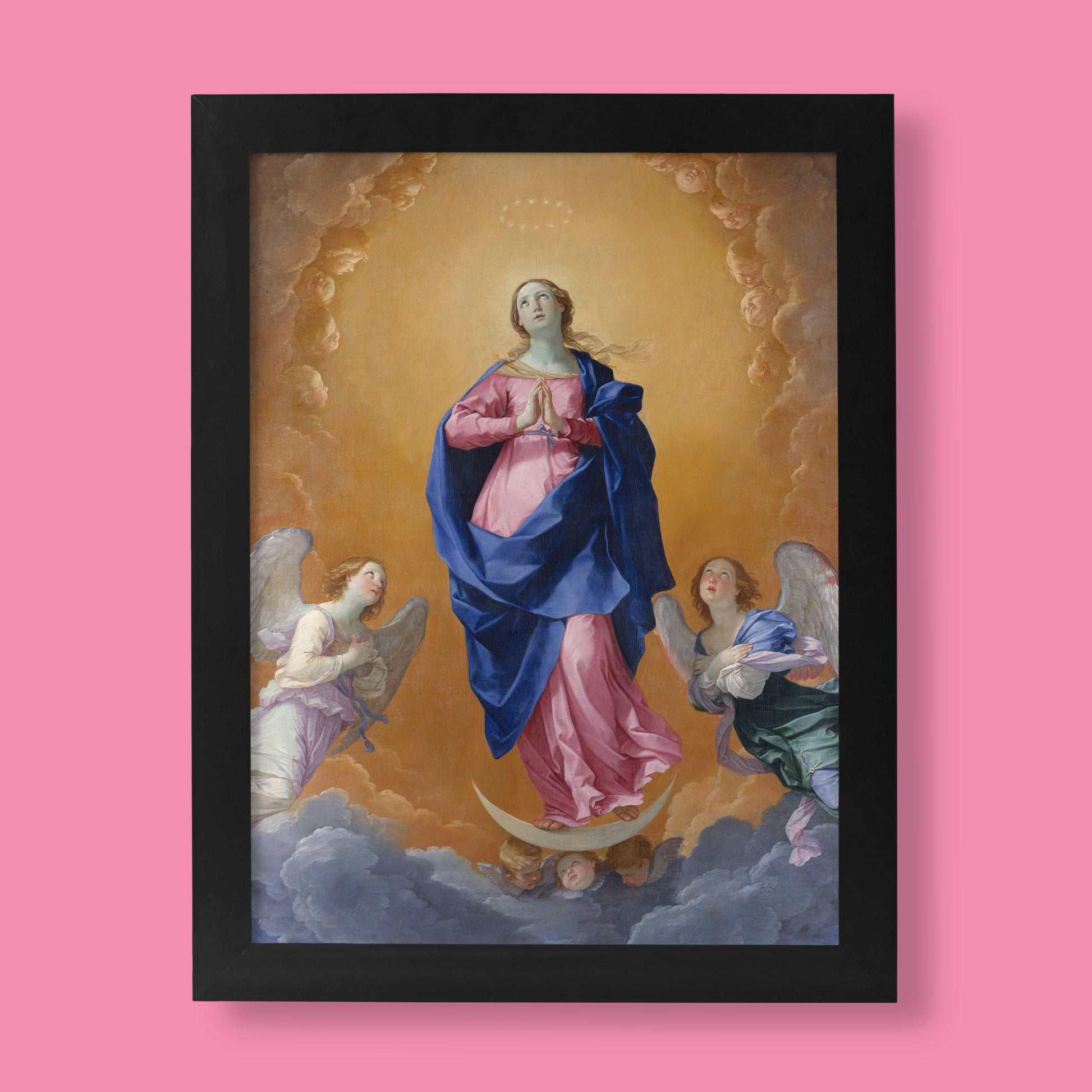 A high-quality giclée fine art print of Guido Reni's Baroque painting, The Immaculate Conception, showing the Virgin Mary floating on a crescent moon surrounded by angels and clouds.