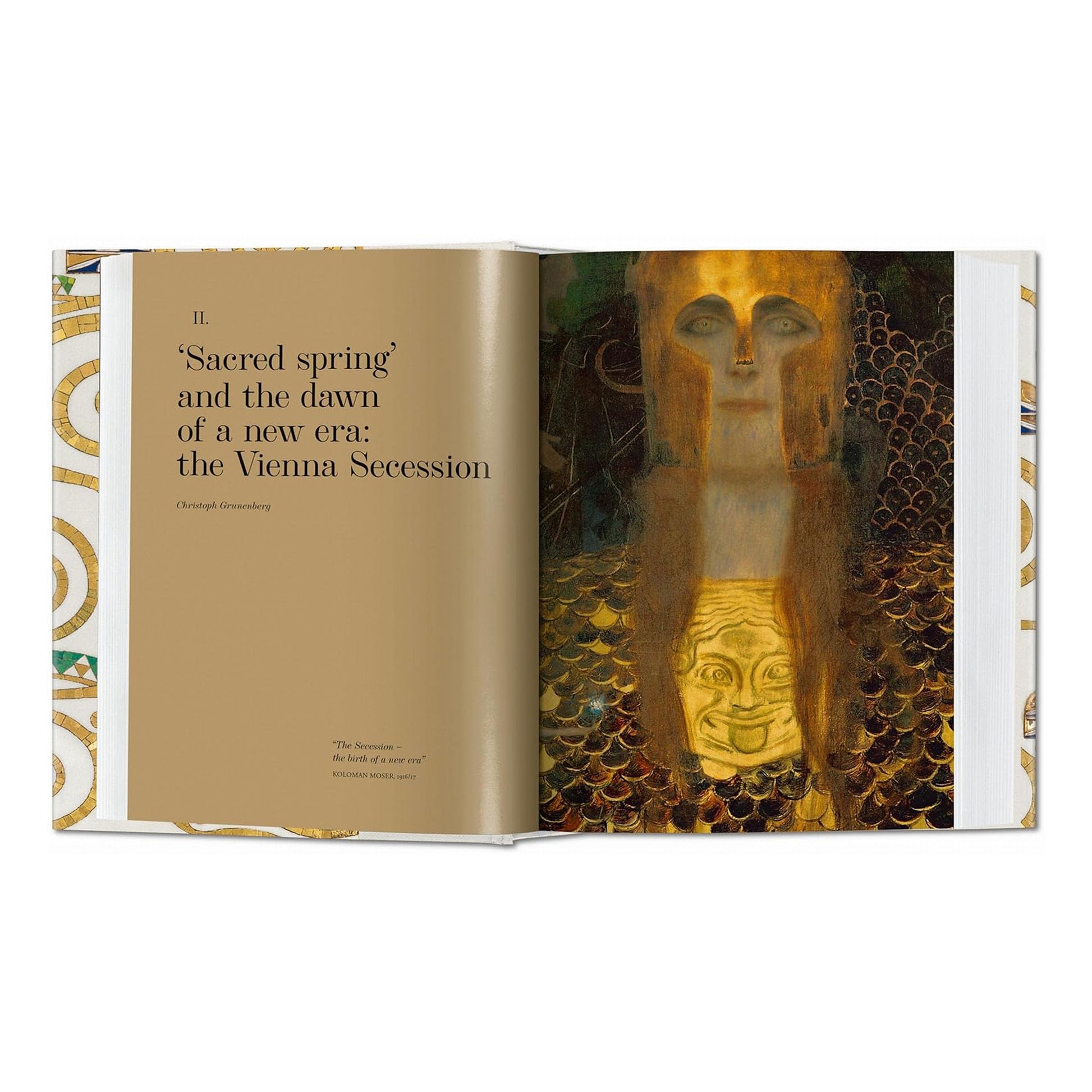 An open-page spread from the Gustav Klimt art book by Taschen, displaying the chapter heading "Sacred Spring and the Dawn of a New Era: the Vienna Secession" alongside a stunning painting from the artist.