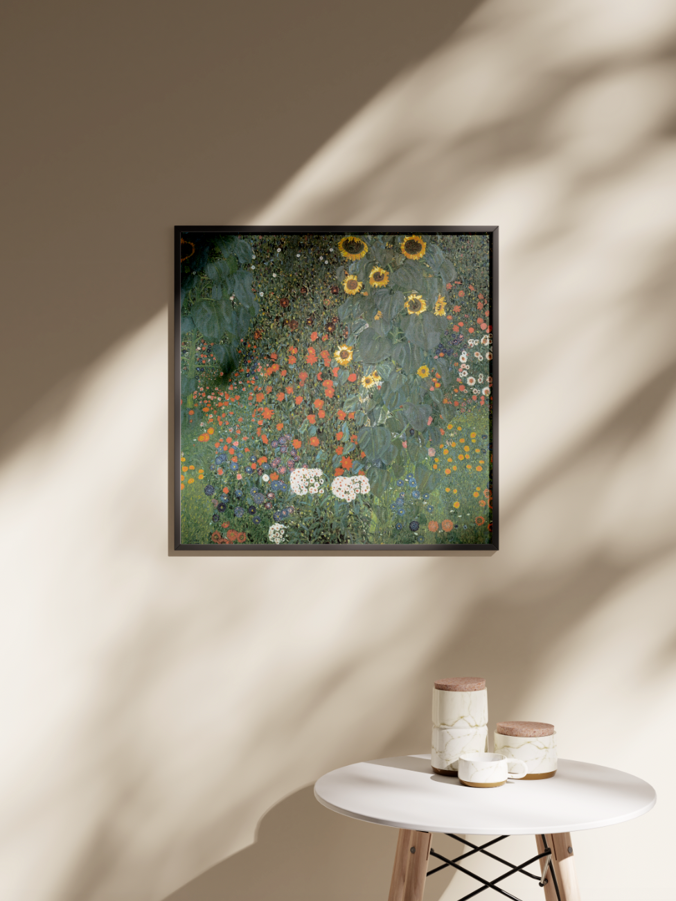 A framed Gustav Klimt 'Farm Garden with Sunflowers' fine art print hanging on a beige wall, with natural shadows creating a peaceful, boho-chic home decor aesthetic.