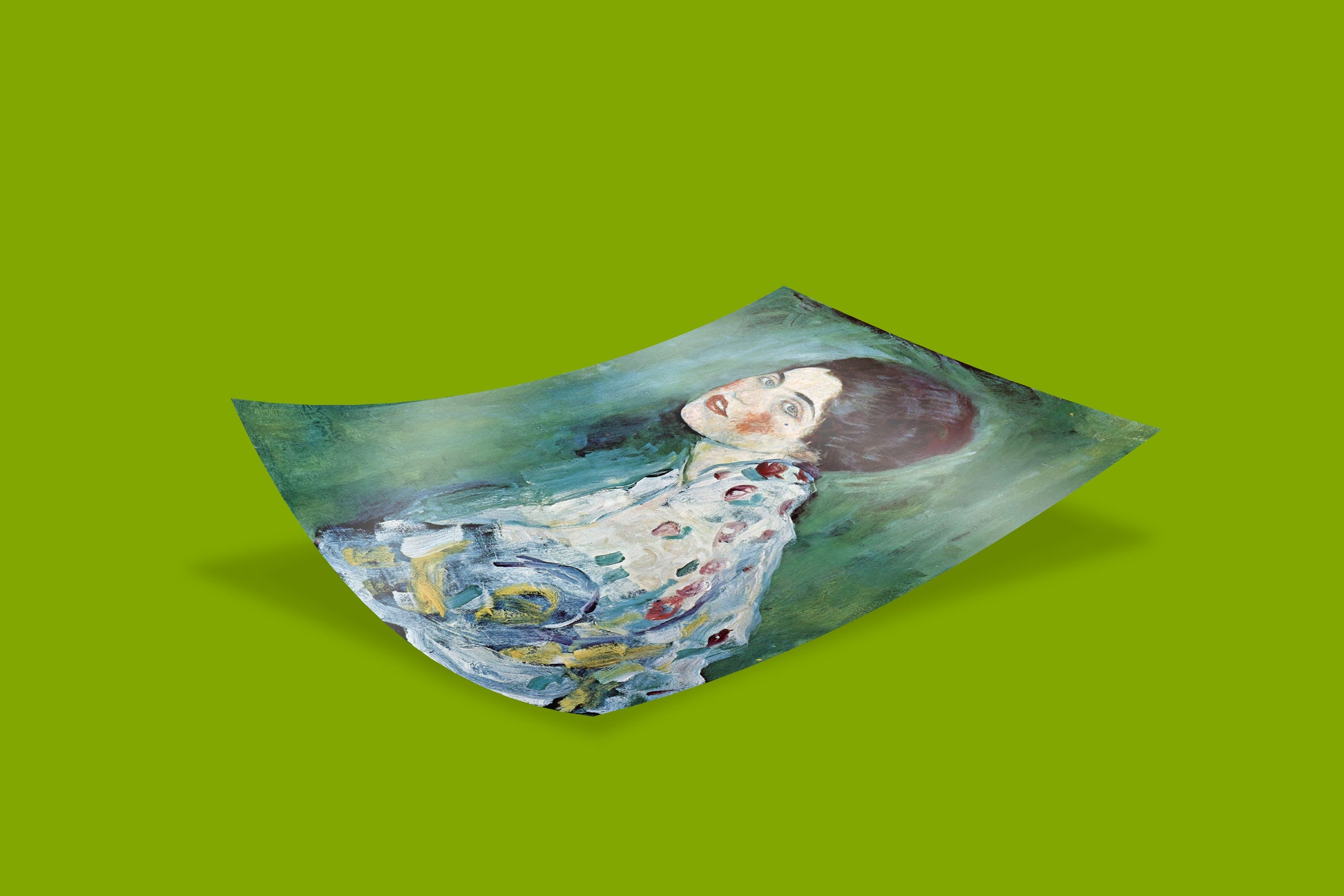 Close-up of the smooth matte finish and vivid colours of the Portrait of a Lady print by Gustav Klimt.