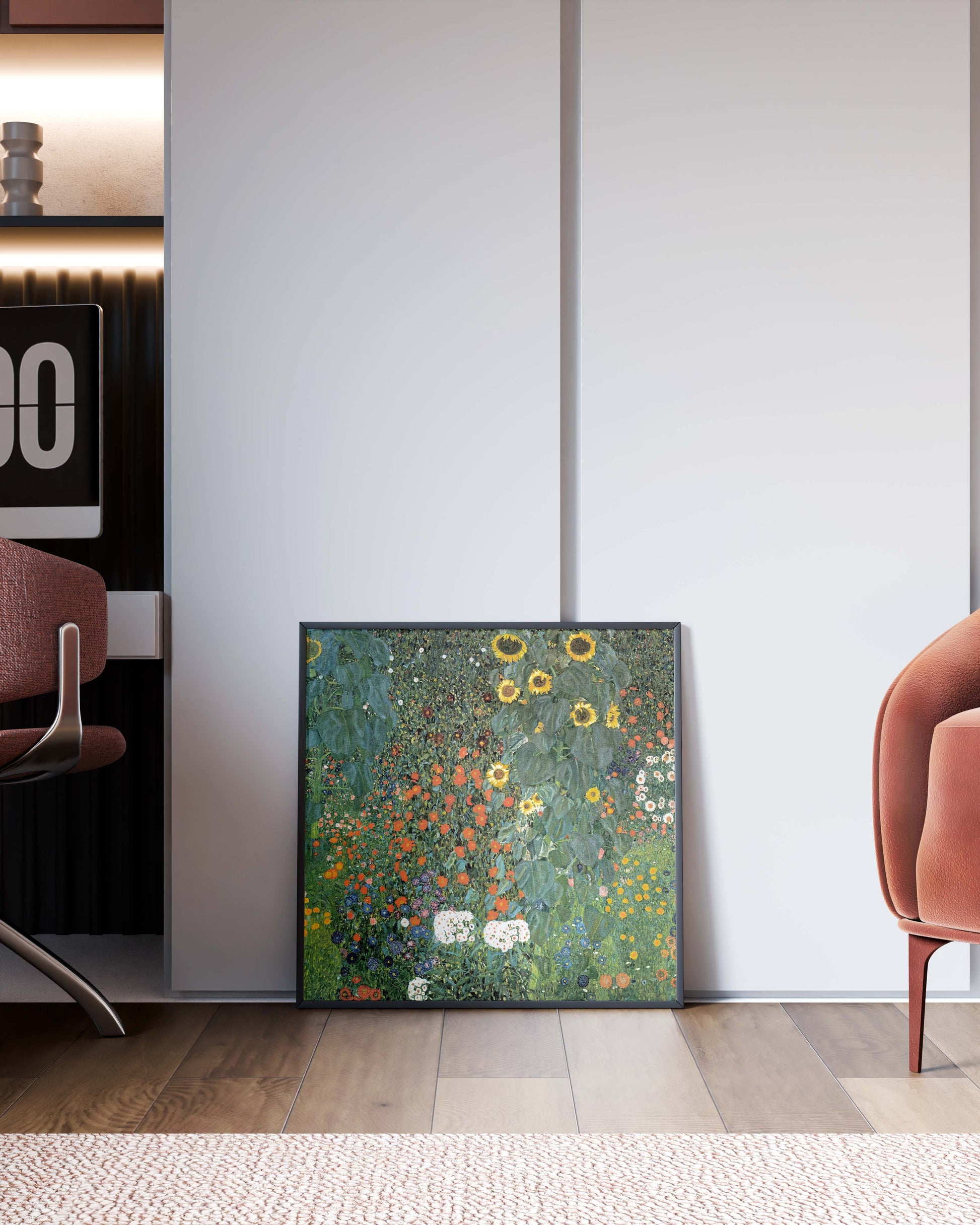 Framed Gustav Klimt 'Farm Garden with Sunflowers' art print leaning against a white wall in a stylish, modern living room, showcasing how fine art prints can enhance home decor.