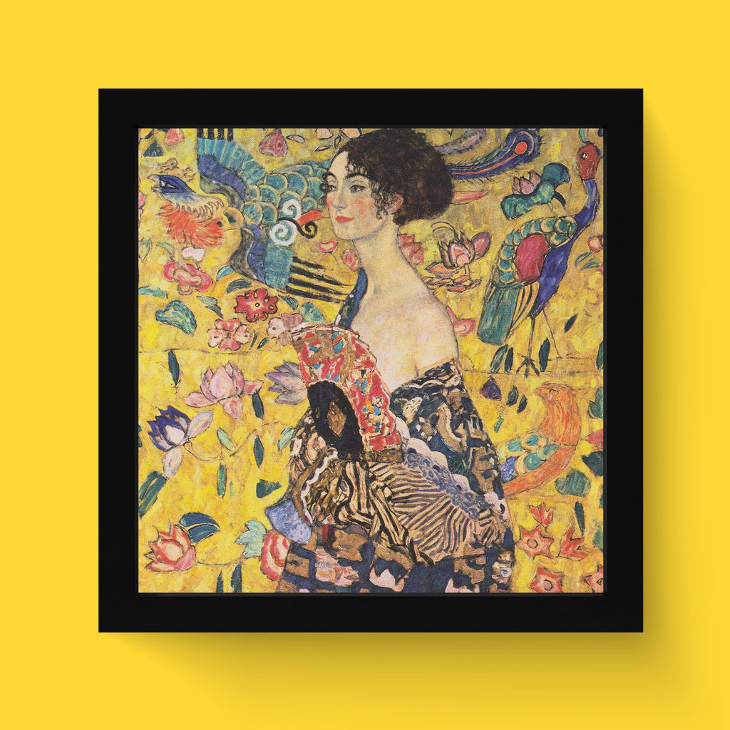 Premium giclée fine art print of Gustav Klimt's "Lady with Fan" on a smooth matte finish paper, perfect for wall decor and art lovers.
