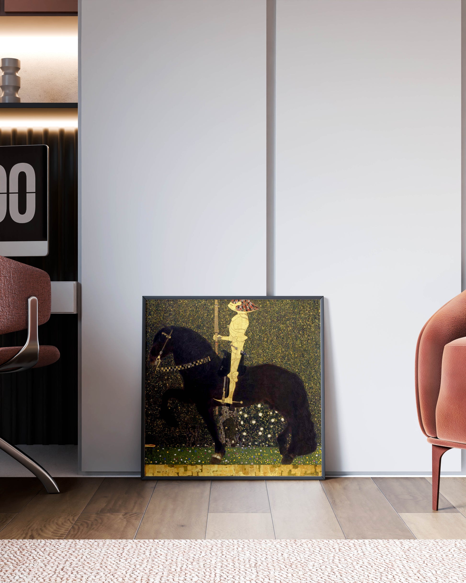 A framed Gustav Klimt 'Life is a Struggle (Golden Rider)' art print displayed as modern living room decor. This premium wall art, featuring the iconic golden knight on a black horse, is a stylish addition to contemporary home interiors. The giclée print's rich textures and vibrant colours are visible, enhancing the room's aesthetic.