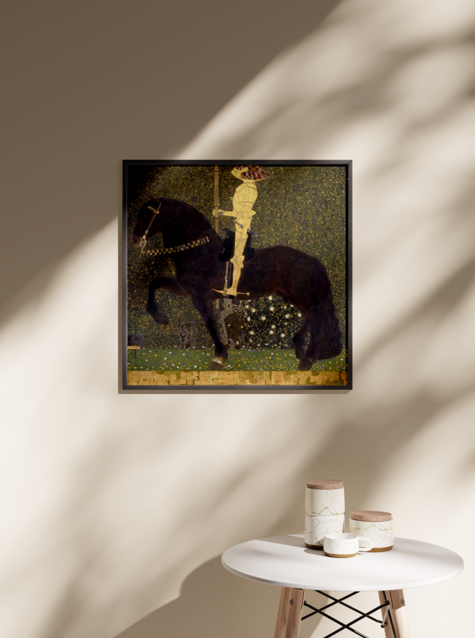 A framed Gustav Klimt 'Life is a Struggle (Golden Rider)' wall art print hanging on a beige wall, with natural light and shadows highlighting its texture. This premium fine art print is a perfect example of elegant home decor, adding sophistication to any space. The high-quality giclée print of the golden knight on a horse serves as a focal point in this stylish setting.