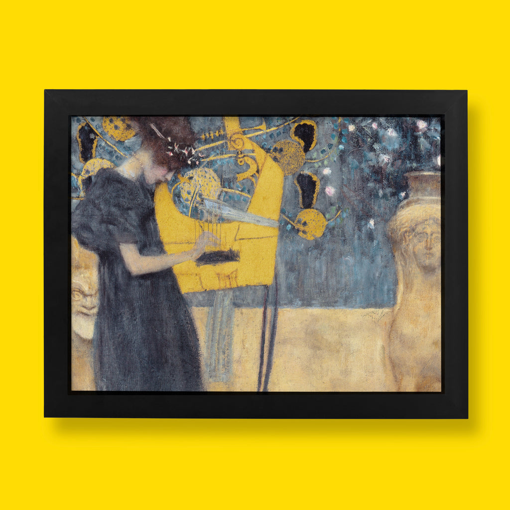 A high-quality giclée fine art print of Gustav Klimt's 1895 allegorical painting, "Music," featuring a robed woman with a lyre and a sphinx.