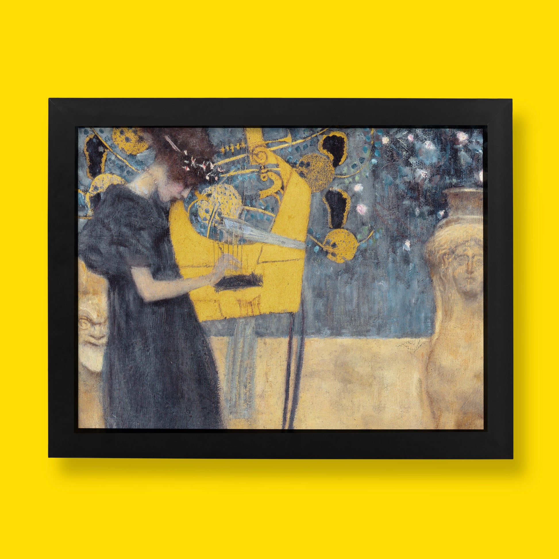 A high-quality giclée fine art print of Gustav Klimt's 1895 allegorical painting, "Music," featuring a robed woman with a lyre and a sphinx.