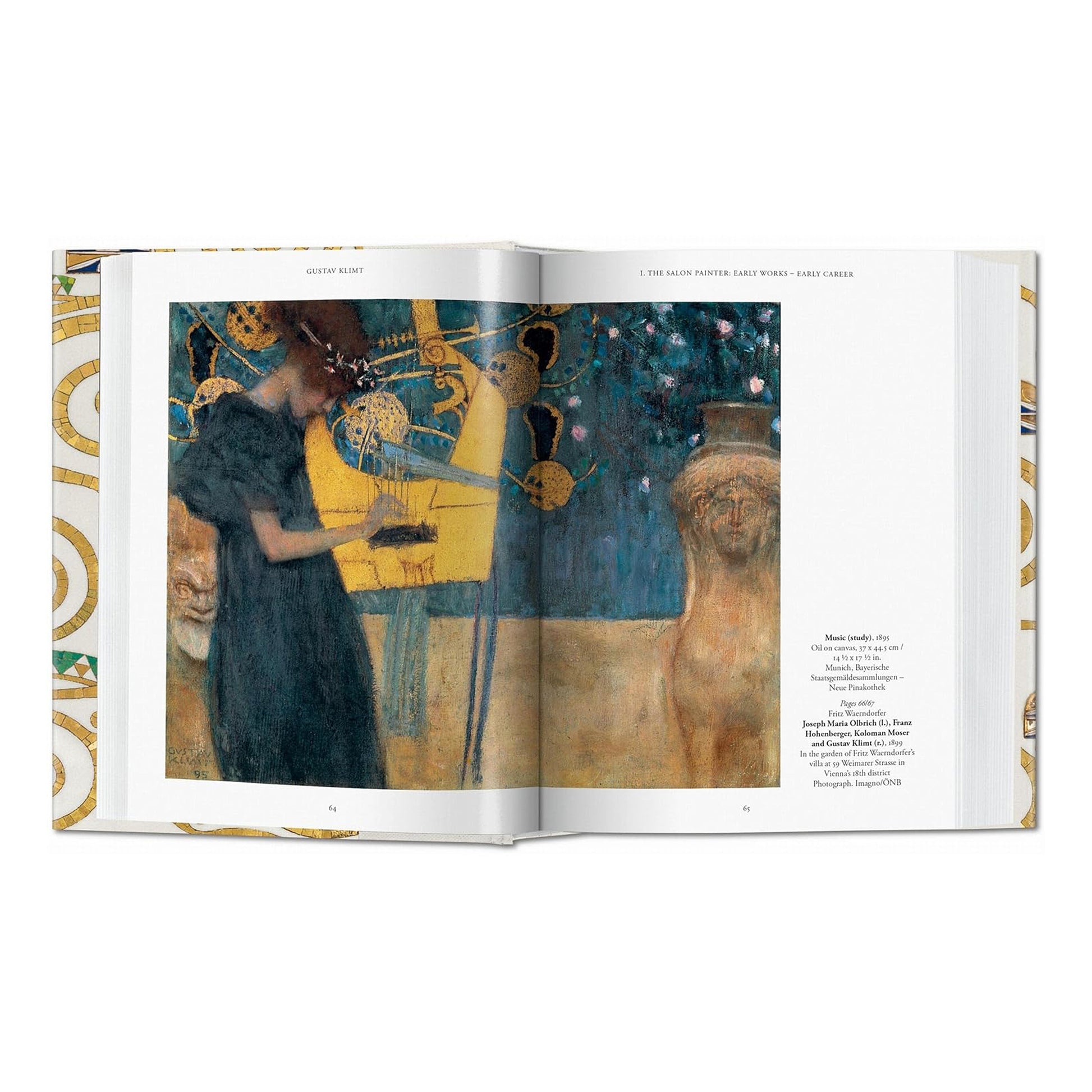 An open book spread from the Gustav Klimt complete paintings book, showcasing the artwork "Music" with its detailed blue and gold composition and accompanying text.