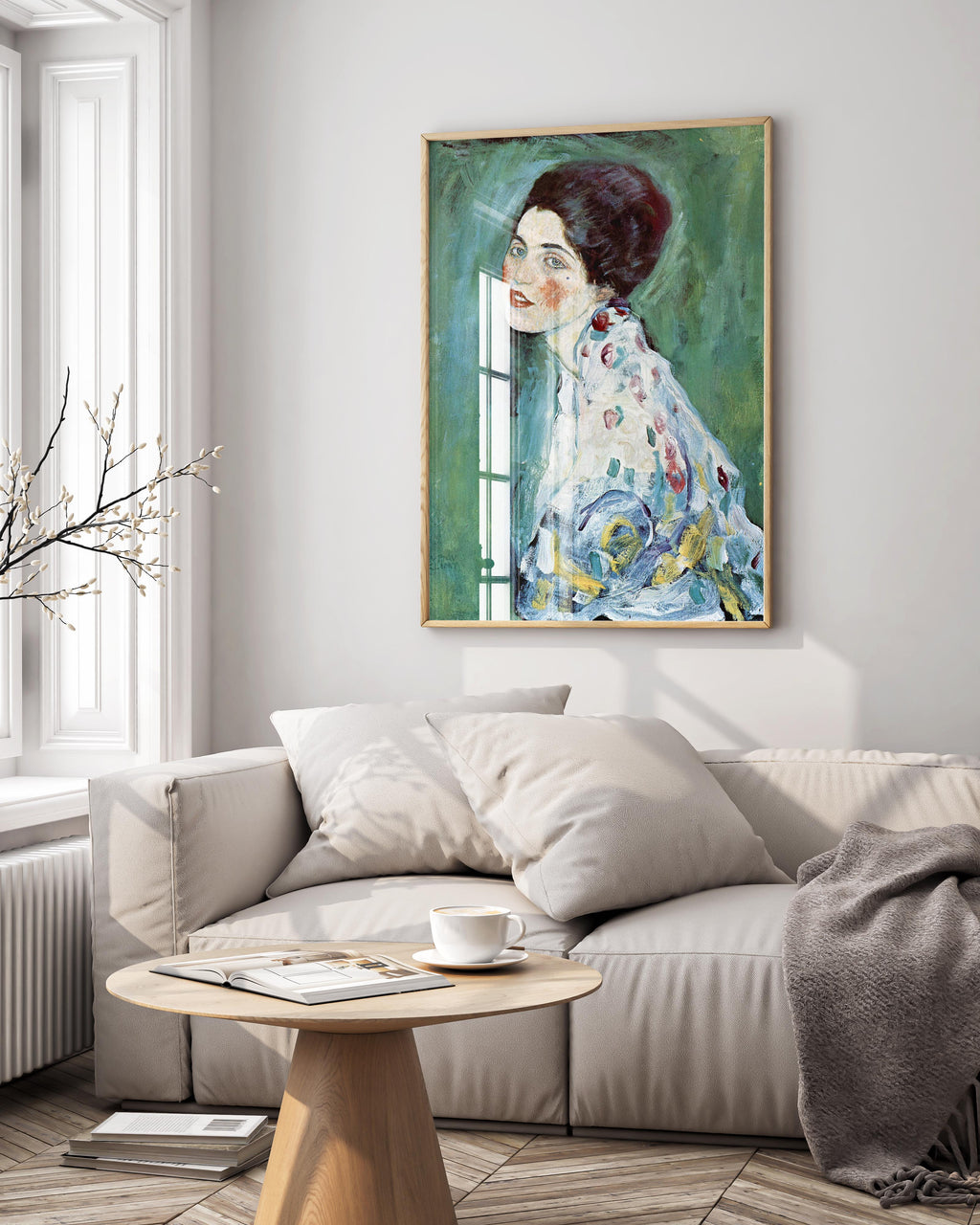 A beautiful Gustav Klimt Portrait of a Lady print, professionally framed and hung on a wall, showcasing it as a piece of elegant wall art.