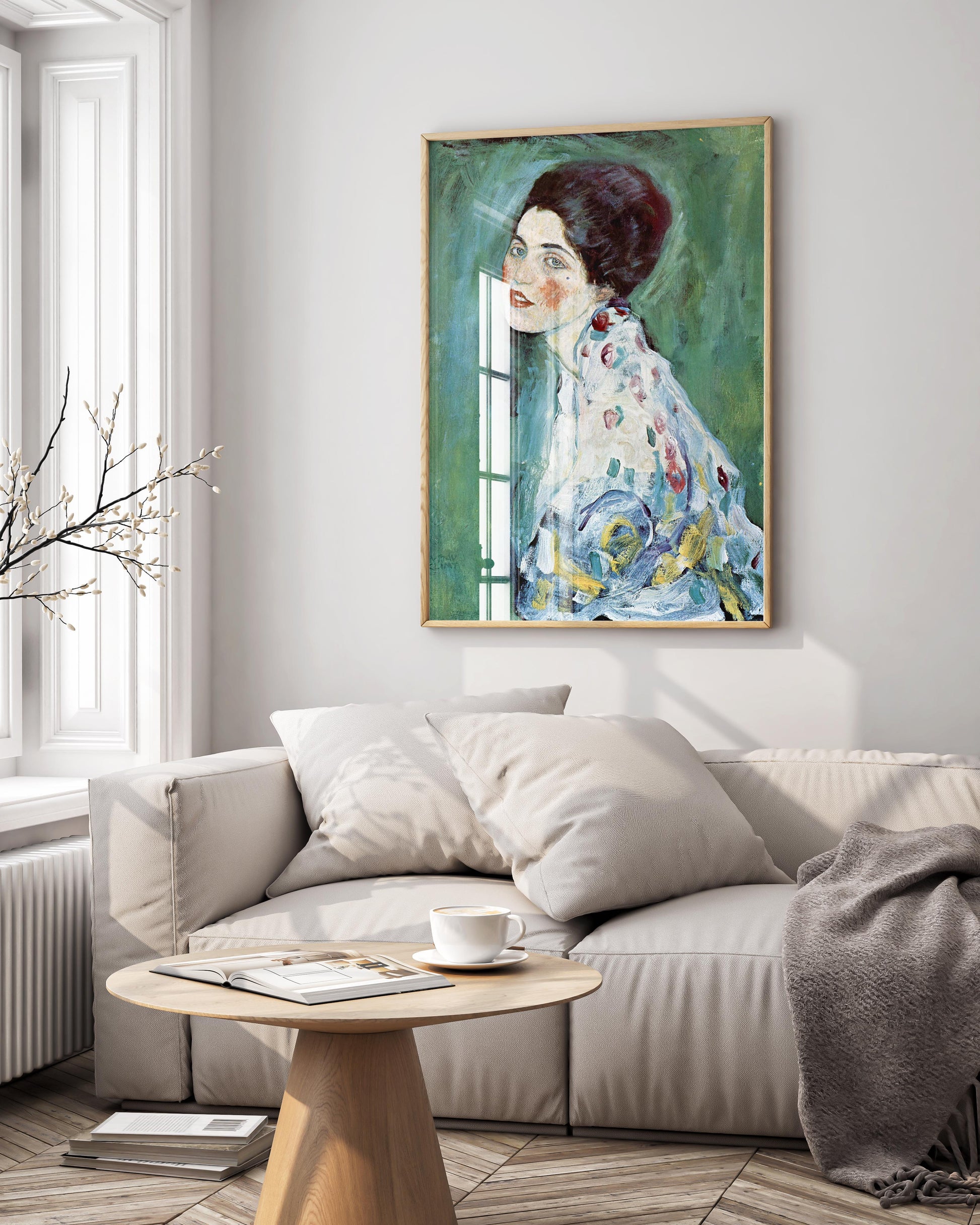 A beautiful Gustav Klimt Portrait of a Lady print, professionally framed and hung on a wall, showcasing it as a piece of elegant wall art.