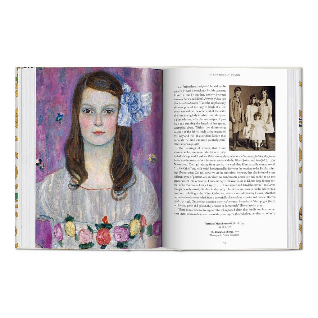 A full-colour, high-quality image of the painting "Portrait of a Girl," alongside smaller images of other portraits and detailed text. A comprehensive look at Klimt’s drawings and paintings.