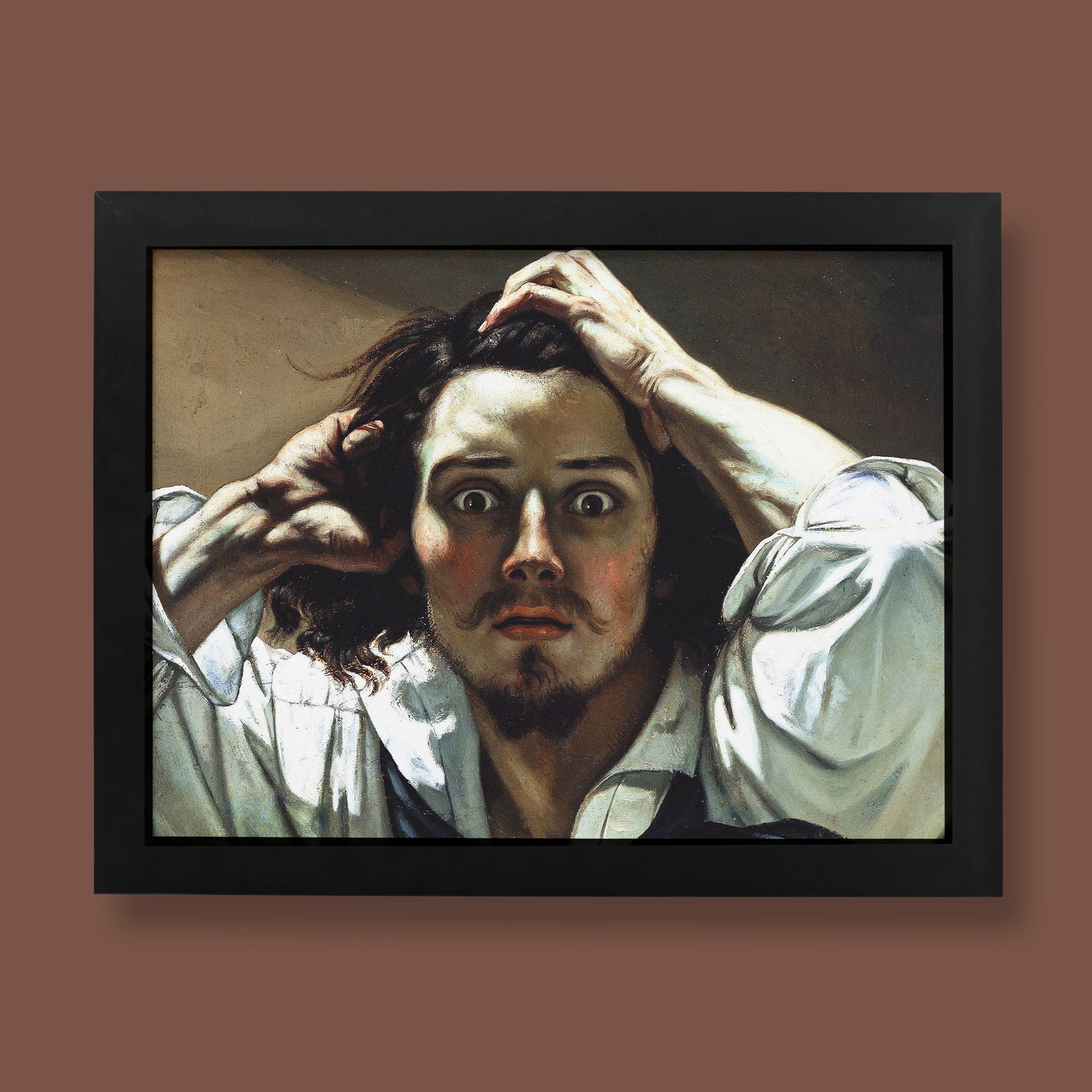 Gustave Courbet The Desperate Man fine art print showing dramatic self-portrait with wide eyes and hands in hair