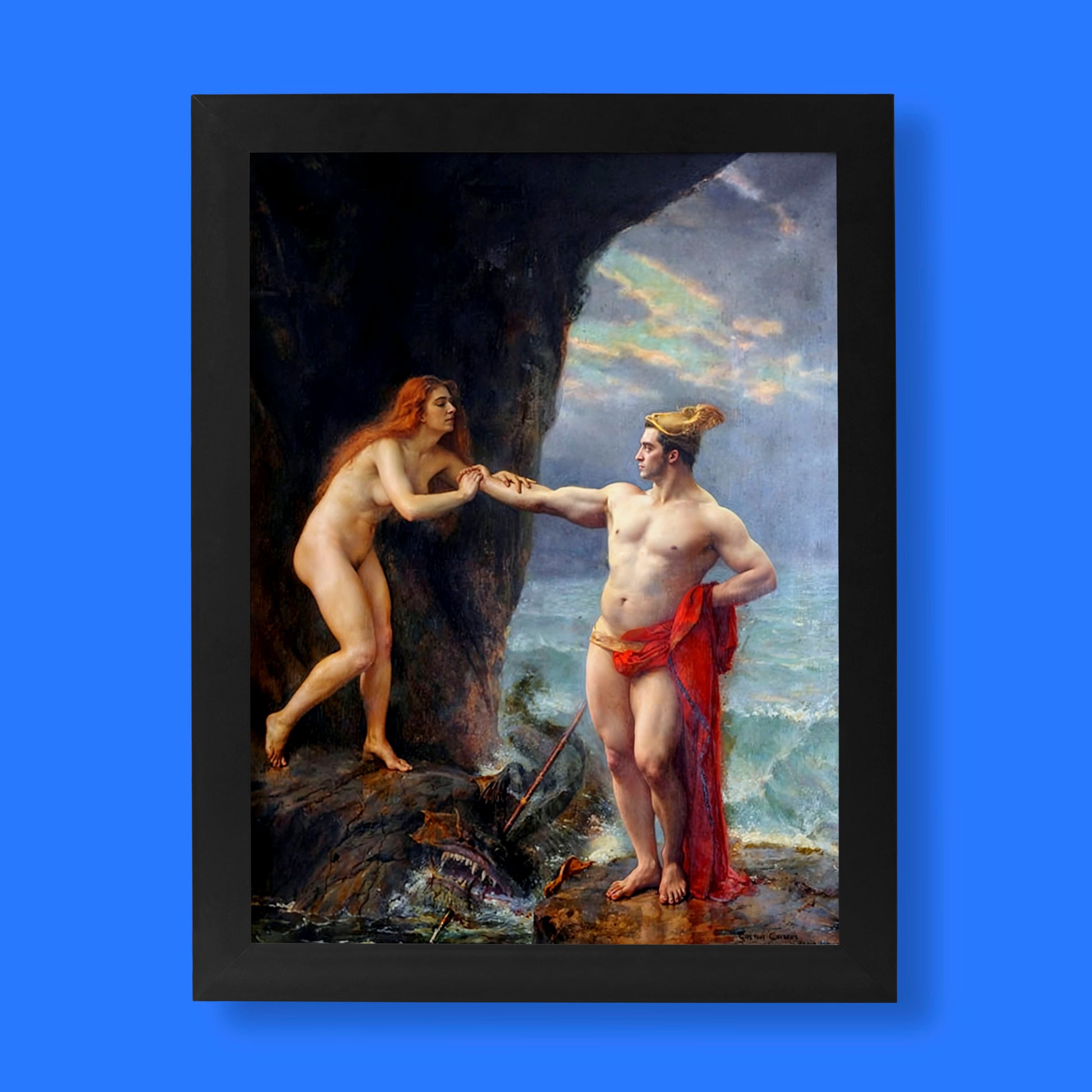 A beautiful Gustave Courtois fine art print of "Perseus Freeing Andromeda," perfect as a classical wall art piece for art lovers.