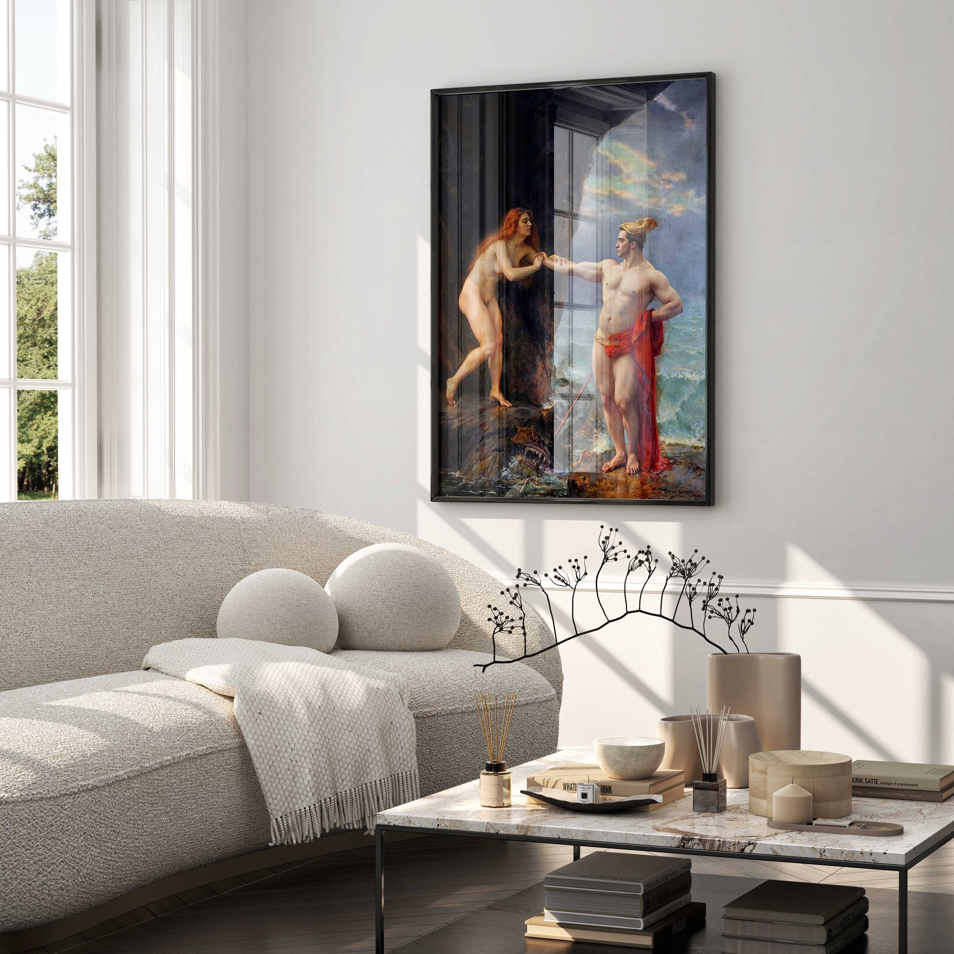 A stunning framed Gustave Courtois "Perseus Freeing Andromeda" print, hanging as a focal point in a luxurious living room.