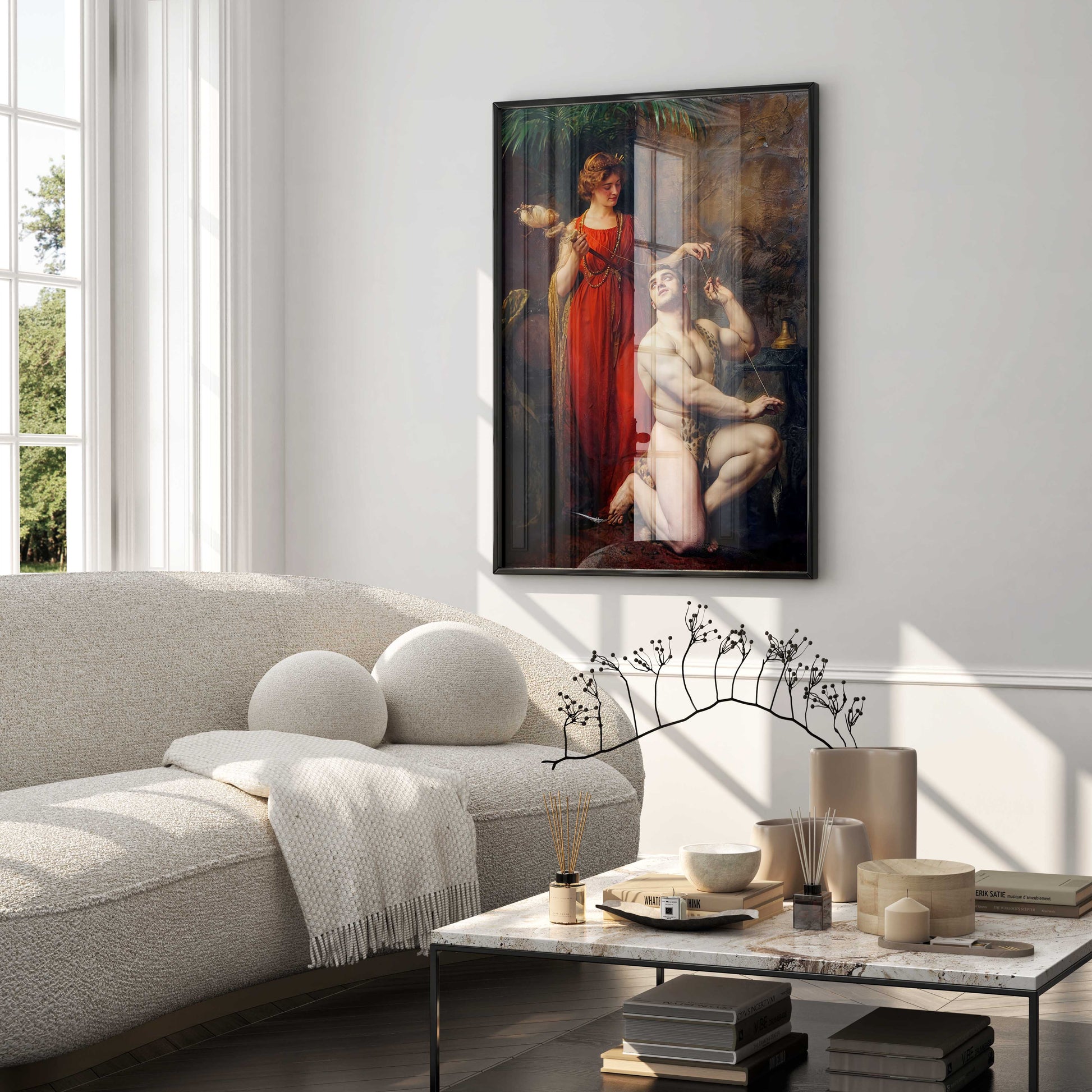 A Gustave Courtois 'Hercules at the Feet of Omphale' premium art print, beautifully framed and displayed in a luxurious living room setting.
