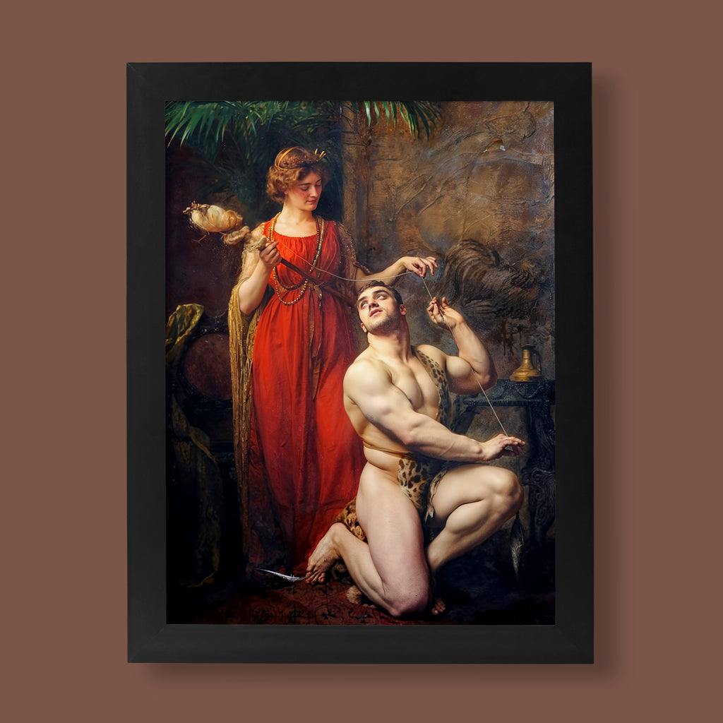 Gustave Courtois 'Hercules at the Feet of Omphale' fine art print showing the mythological hero serving the queen.