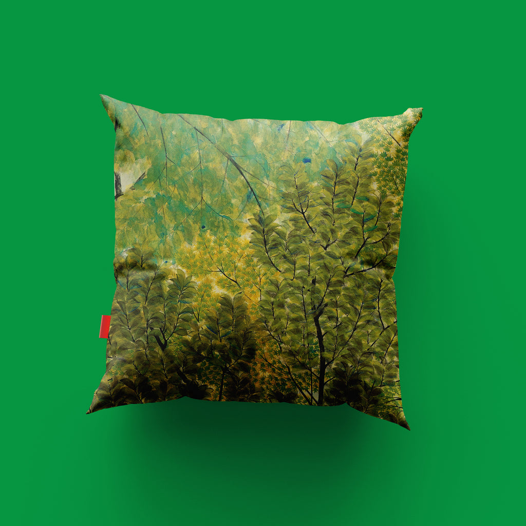 Gyoshū Hayami New Leaves fine art cushion cover in premium linen, featuring Japanese Nihonga spring foliage painting in green and gold tones, made in Great Britain