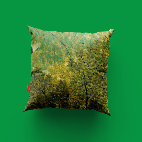 Gyoshū Hayami New Leaves fine art cushion cover in premium linen, featuring Japanese Nihonga spring foliage painting in green and gold tones, made in Great Britain