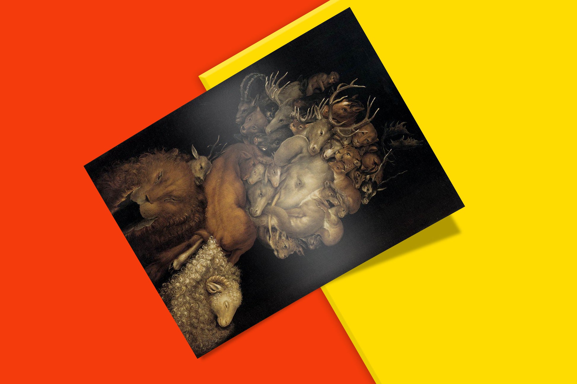 Arcimboldo Four Elements Earth giclée art print - 16th century masterpiece showing human profile constructed from mammals, deer, lions and domestic animals in warm earth tones
