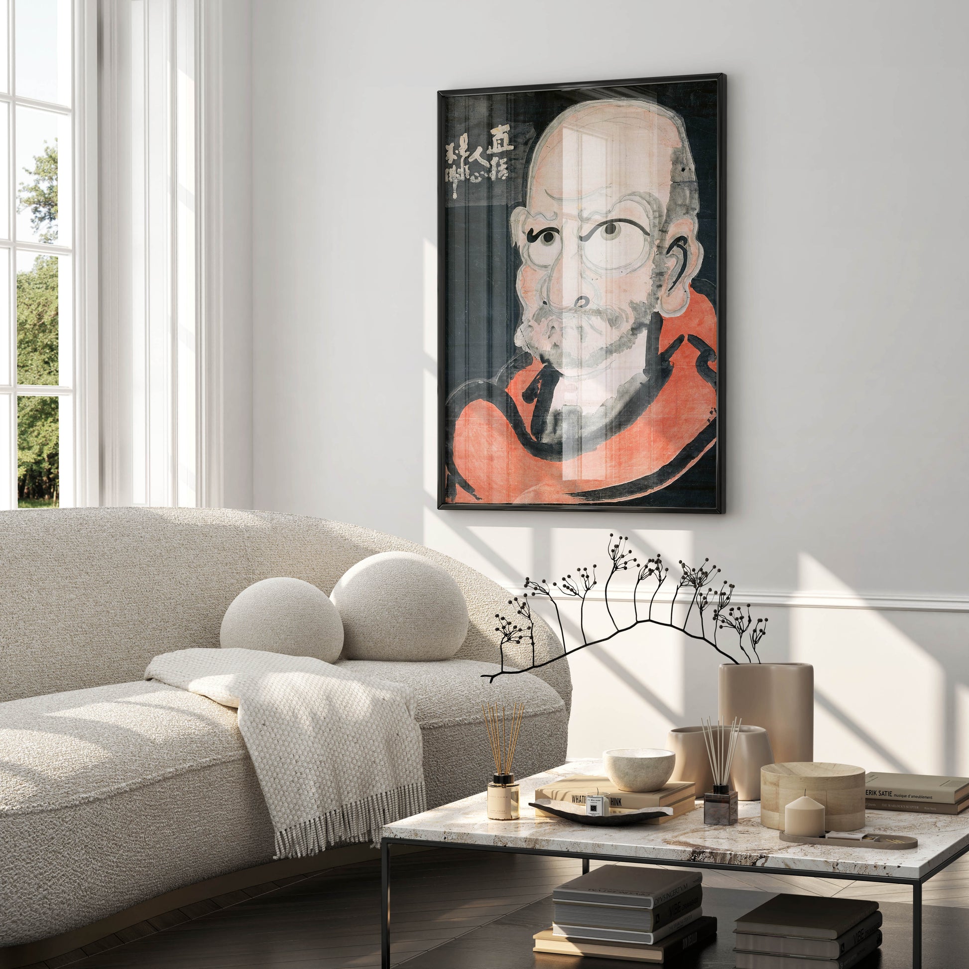Daruma art poster featuring Bodhidharma by 18th-century Japanese Zen master Hakuin Ekaku, striking wall decor for collectors and interior designers