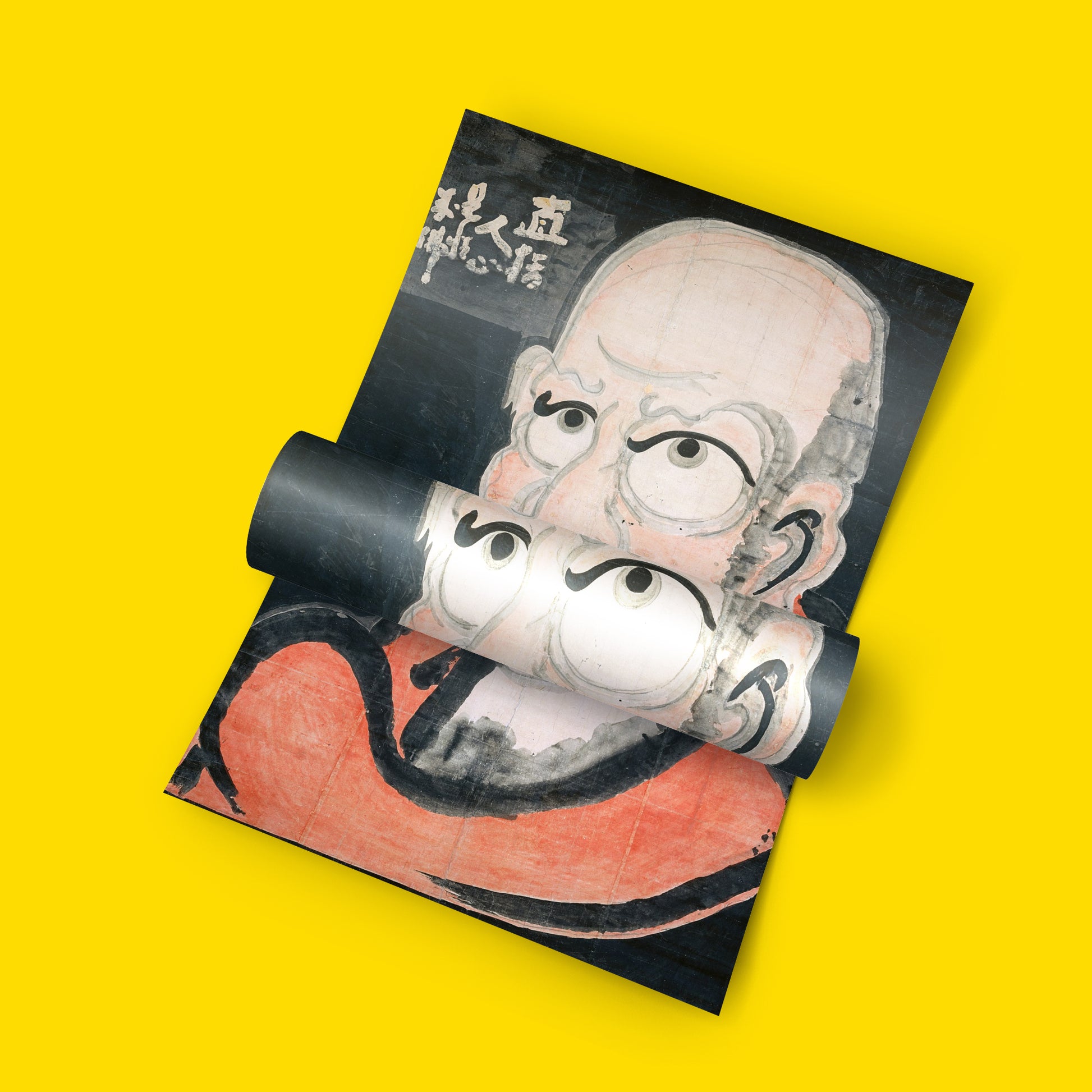 Fine art print of Hakuin's Daruma in Red, a masterwork of Japanese zenga ink painting showing Bodhidharma's fierce gaze and red monastic robe