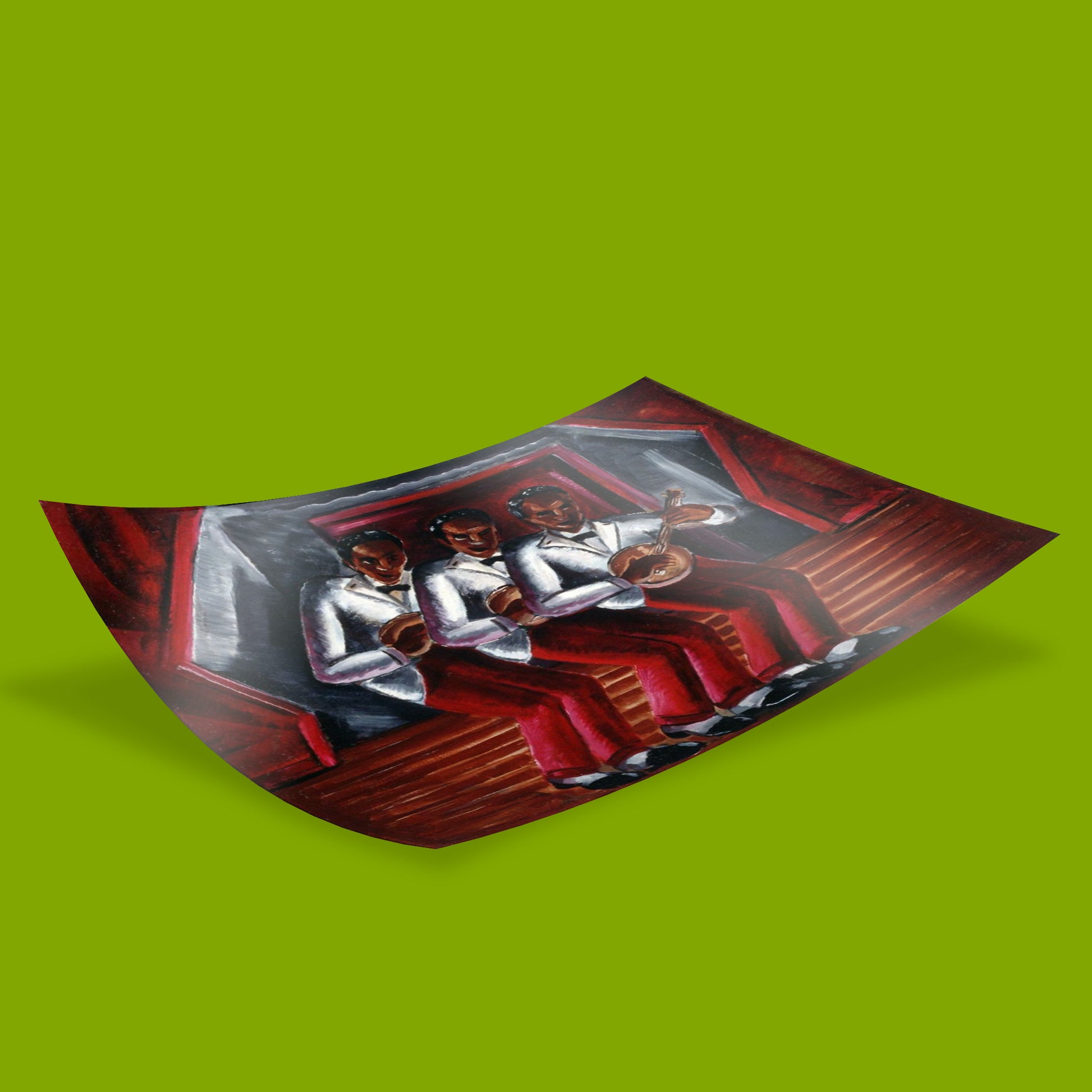 African American fine art print of Malvin Gray Johnson's Harmony painting, bold red palette with musicians in white jackets, museum-quality art poster