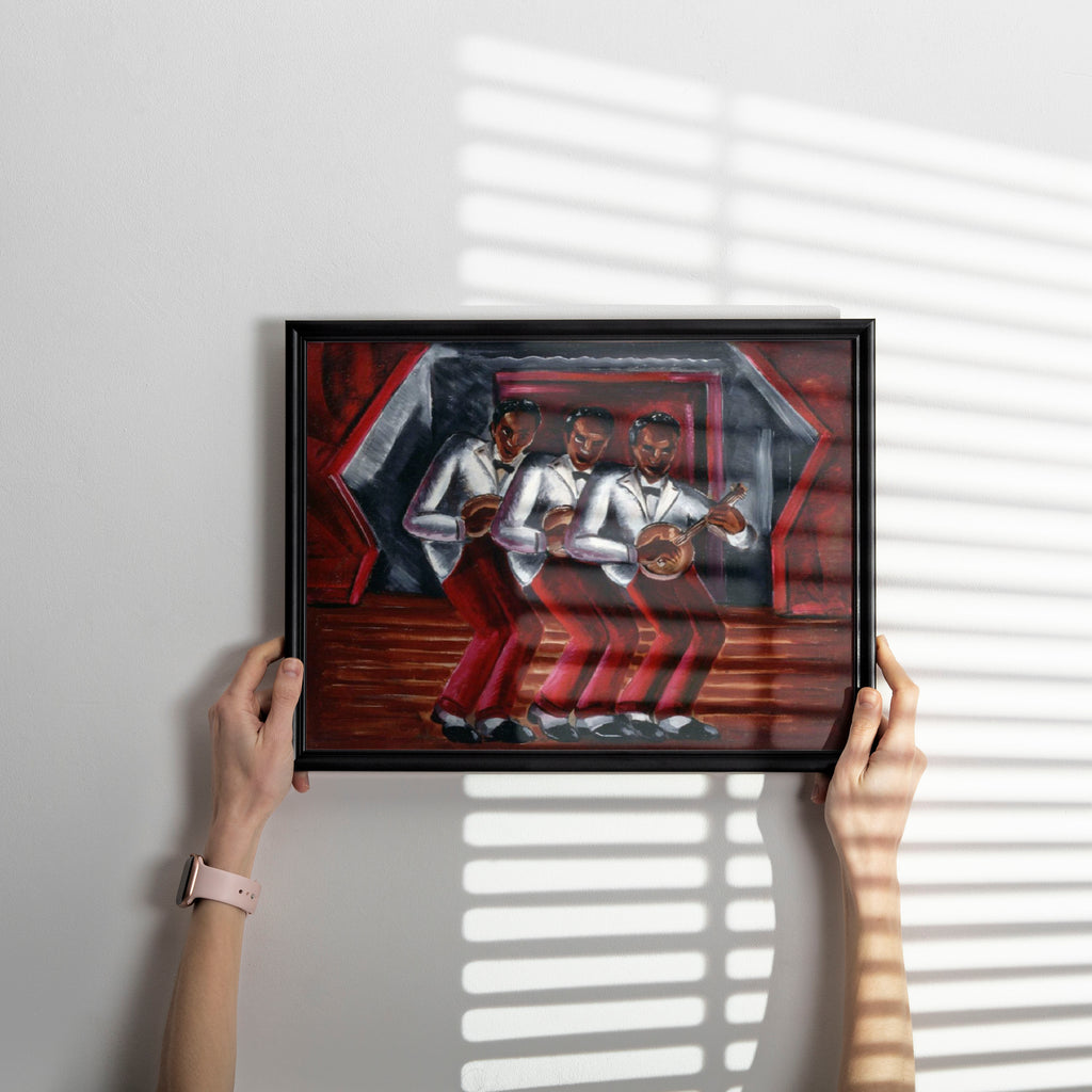 Malvin Gray Johnson Harmony art poster print, Harlem Renaissance painting of three banjo players in dynamic pose, vibrant wall art for living room or gallery wall