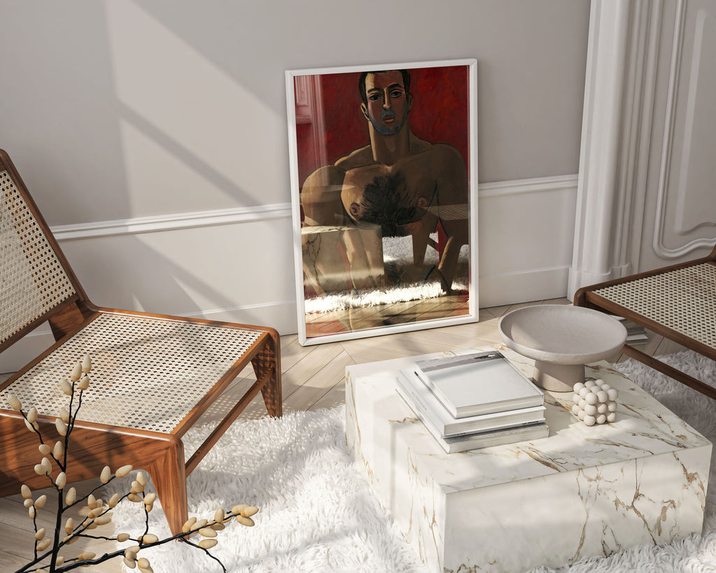 Gallery-style framed reproduction of Hartley's iconic boxer painting hanging on white wall, museum-quality framed art print for sophisticated home decor and interior design