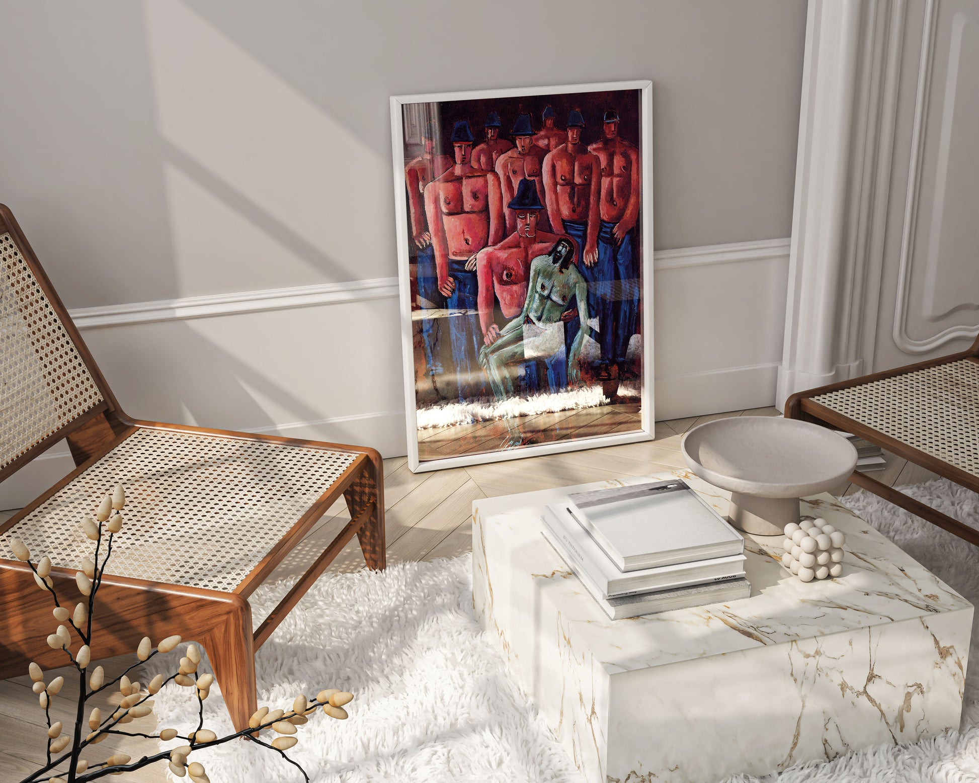 Gallery-style framed reproduction of Hartley's Pietà painting hanging in stylish living room, museum-quality framed religious art print for sophisticated home decor and wall display