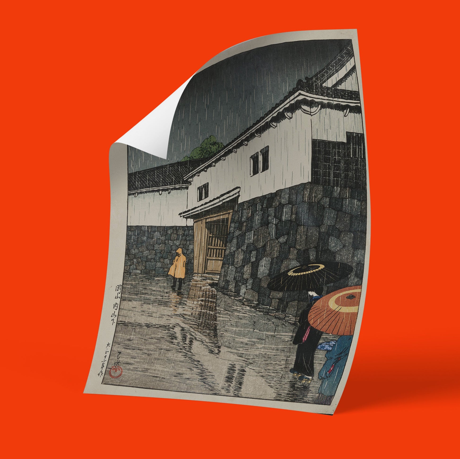 Fine art poster reproduction of Hasui Kawase ukiyo-e landscape showing moody grey skies and traditional Japanese buildings in rainfall