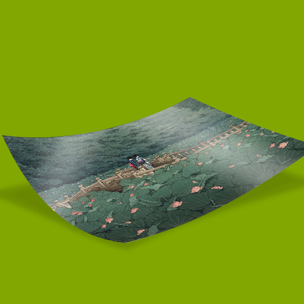 Japanese landscape wall art print of lotus pond with pink water lilies and two women on decorative bridge by master printmaker Hasui Kawase