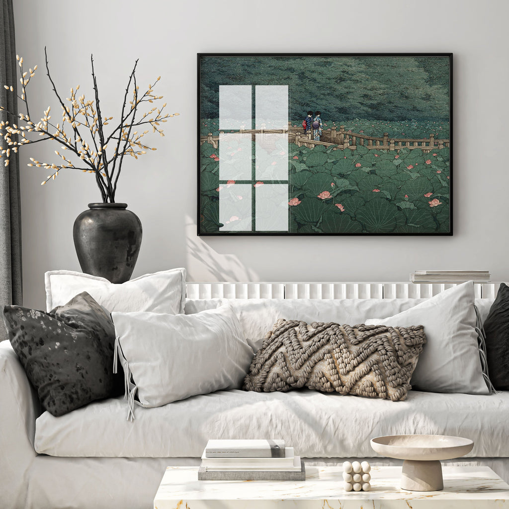 Framed Hasui Kawase The Pond at Benten Shrine in Shiba Japanese art print displayed as wall art featuring serene lotus pond scene with figures crossing traditional stone bridge