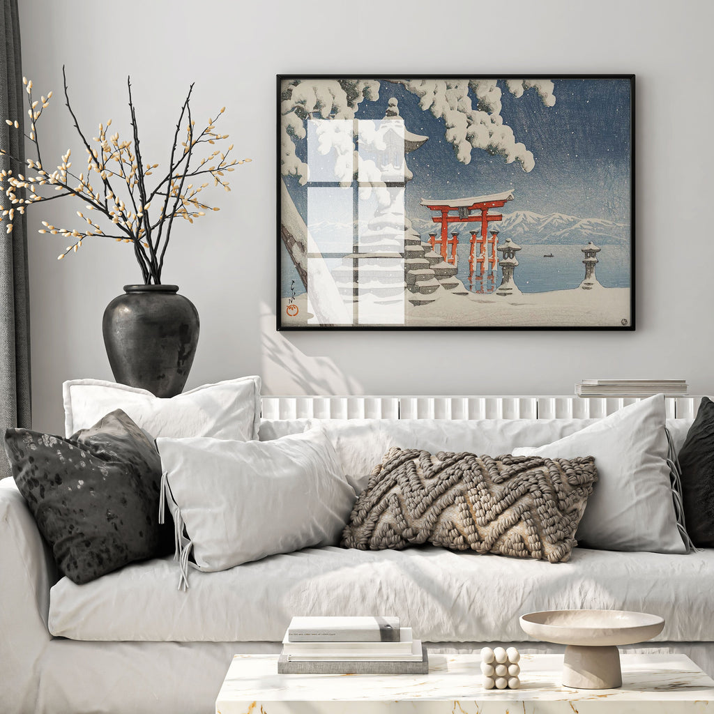 Framed Hasui Kawase Snow at Itsukushima Japanese art print displayed as wall art featuring red torii gate in winter snowfall