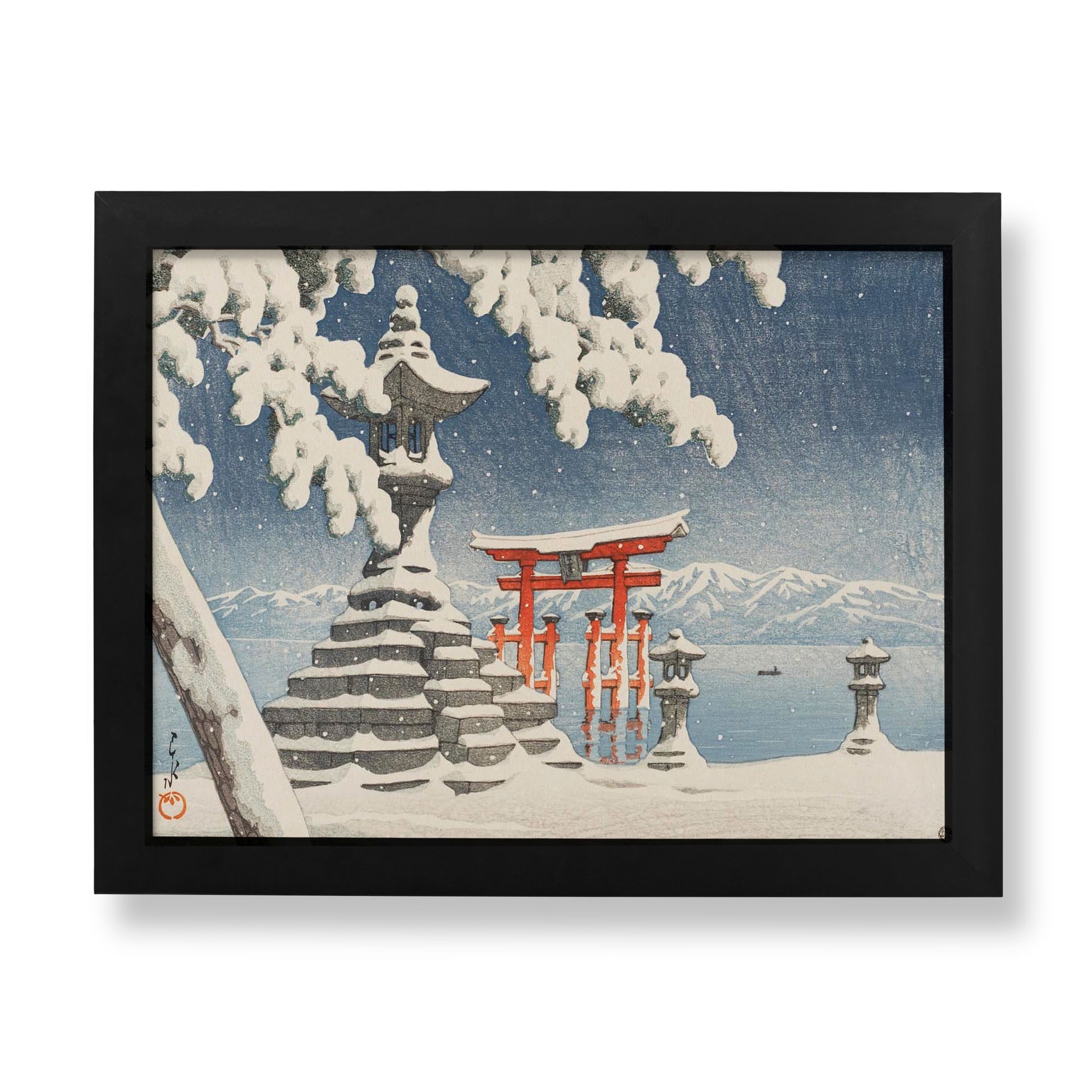 Hasui Kawase Snow at Itsukushima Japanese woodblock print featuring red torii gate and stone lanterns in winter snowfall