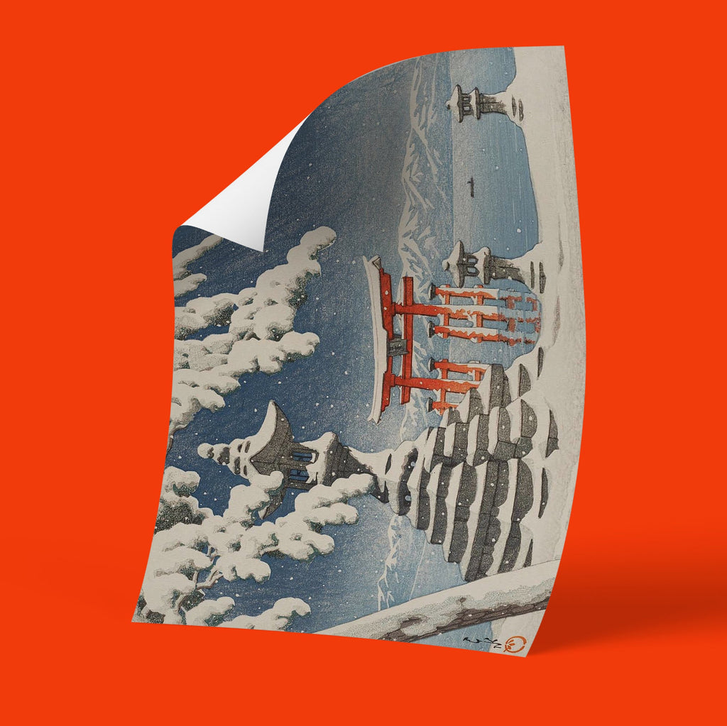 Shin-hanga art print of snow-covered Itsukushima Shrine landscape with vermillion torii gate and stone lanterns by Hasui Kawase