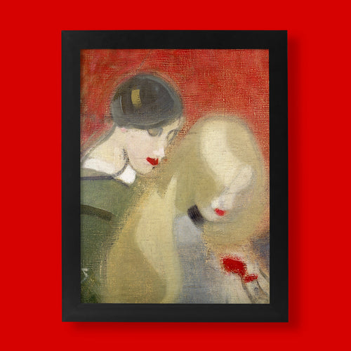 Helene Schjerfbeck The Family Heirloom fine art print featuring two stylised female figures over a red jewel box against a deep red background