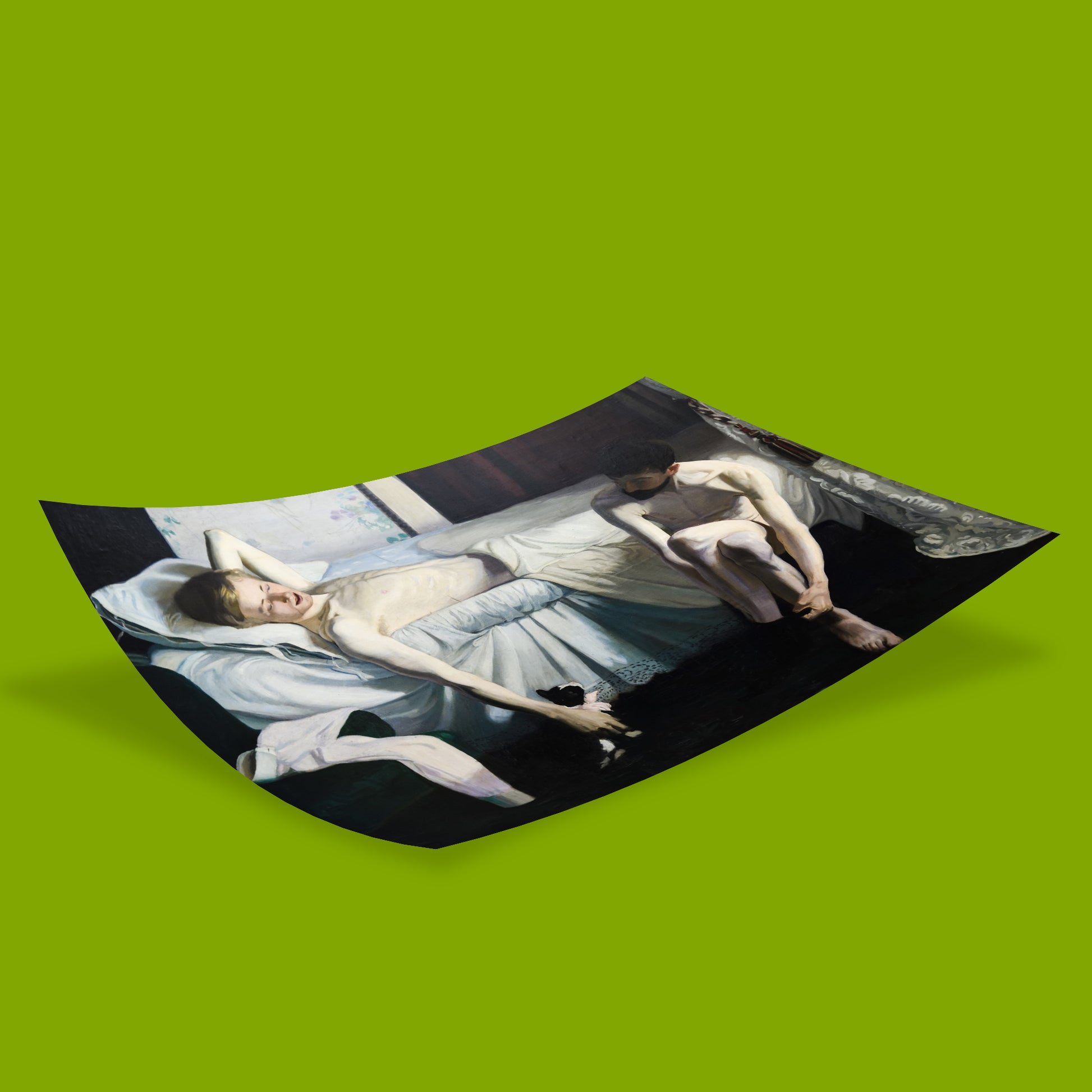 A poster print of a classical painting depicting two figures in a bedroom, shown floating against a solid lime green background.