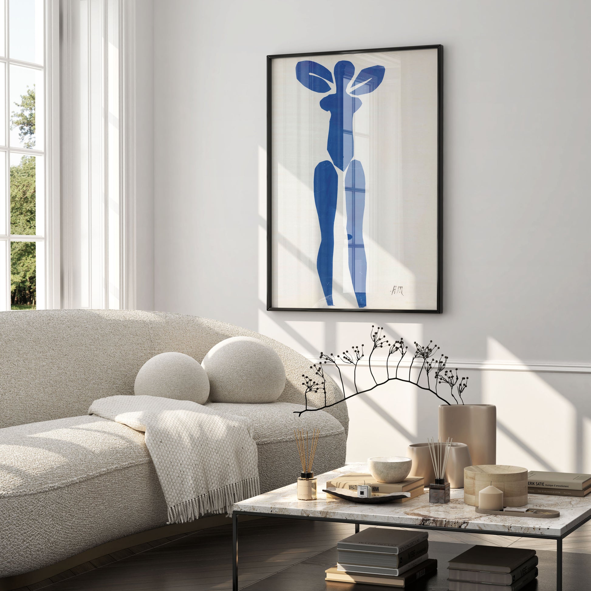 Matisse Blue Nude 1952 paper cutout art print, vibrant cobalt blue figure, premium giclée reproduction for modern interiors