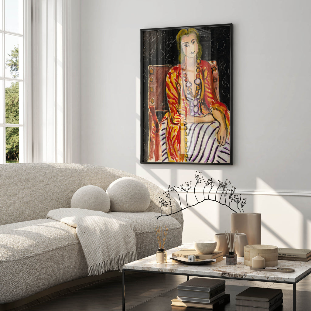 Henri Matisse 1940s portrait print, elegant woman in red and yellow striped robe, high-quality art poster for collectors and interior design
