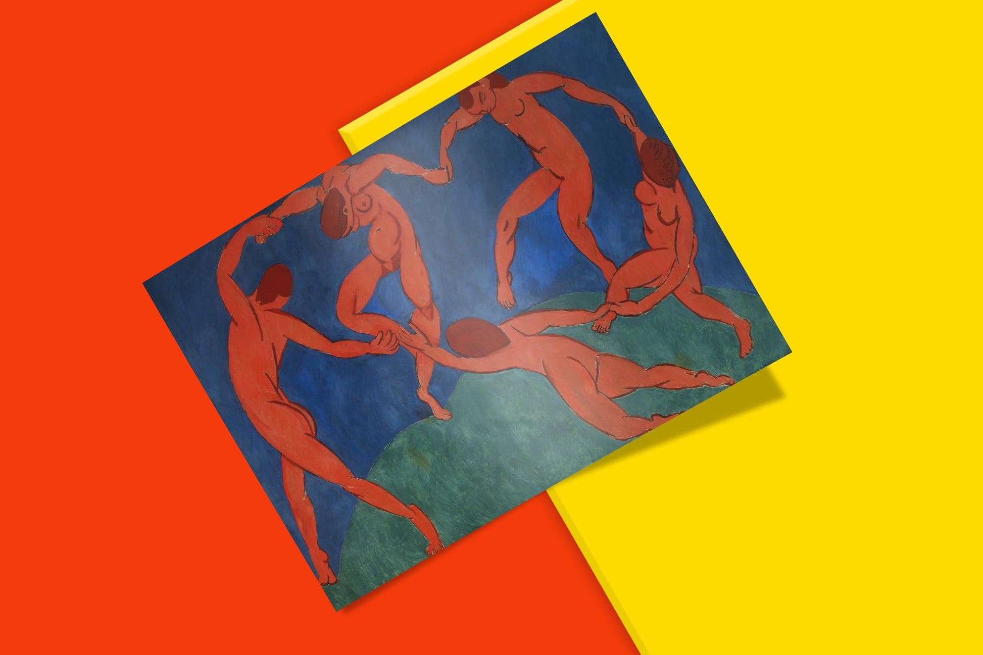 Museum quality art print of Matisse's iconic Dance painting from 1910, showing vibrant Fauvist colours in red orange and blue, ideal wall art for art lovers and interior designers