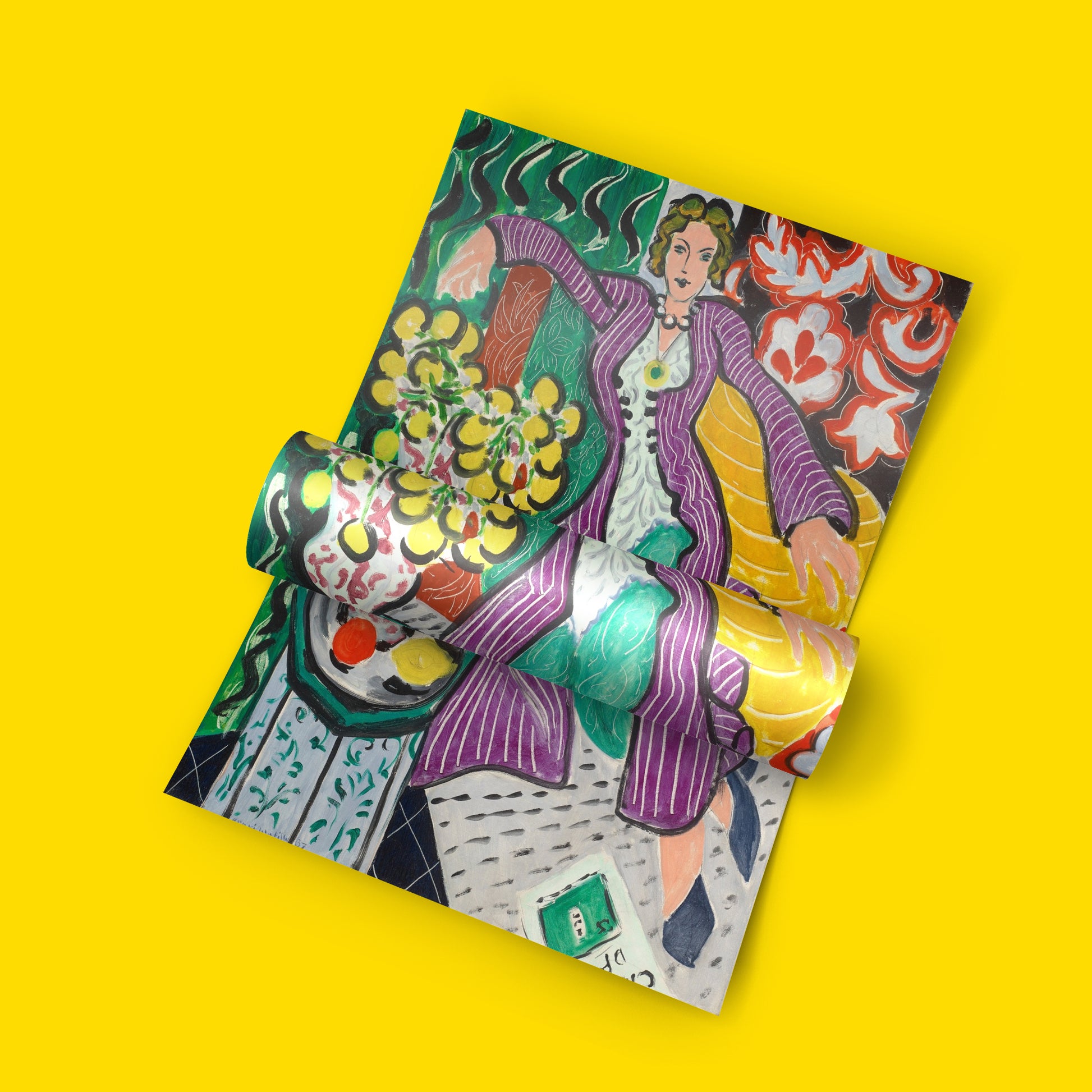 Matisse decorative style masterpiece art print, Woman in Purple Coat with bold patterns and vivid colours, museum quality reproduction