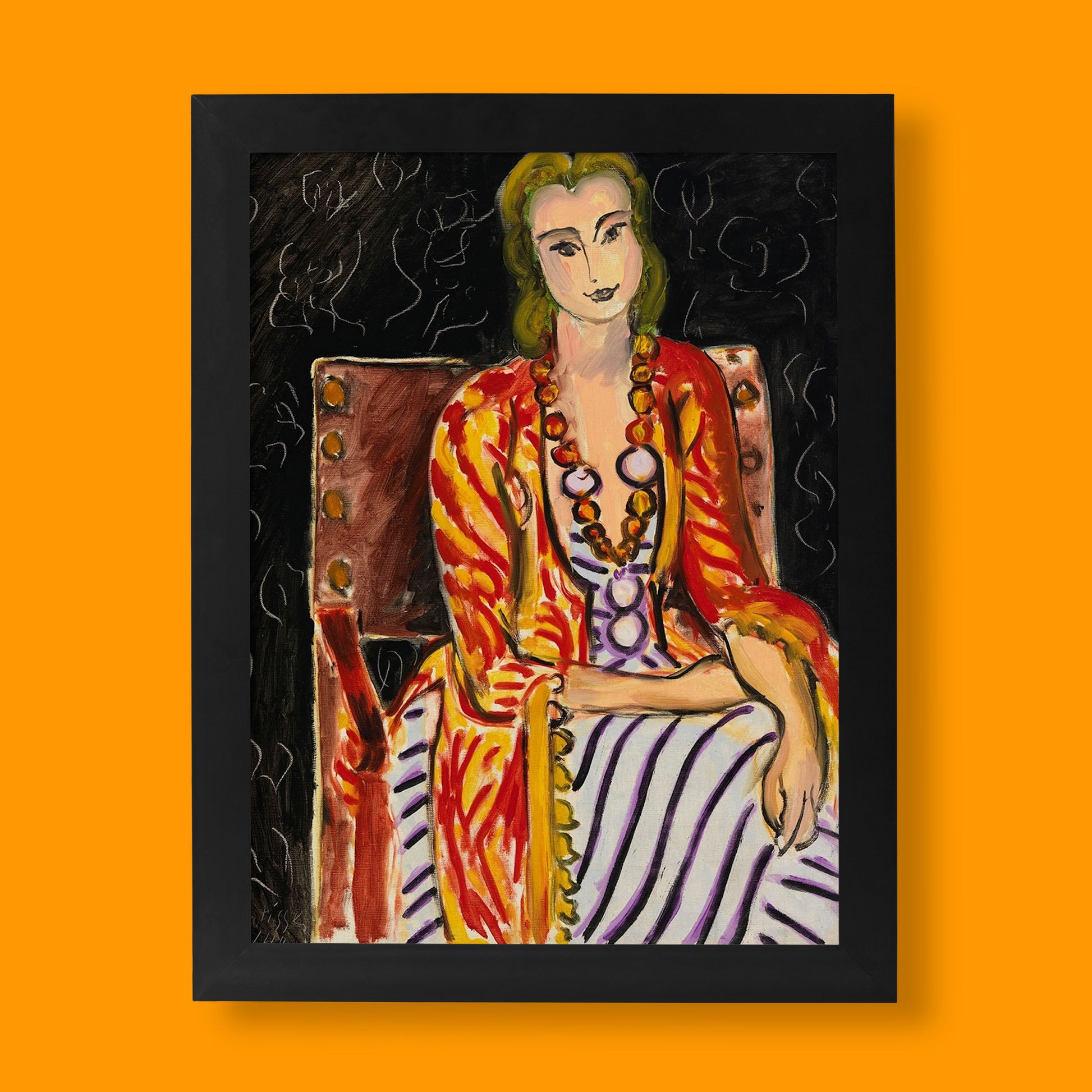 Henri Matisse Seated Young Woman with an Amber Necklace fine art print featuring vibrant red and yellow robe against black background