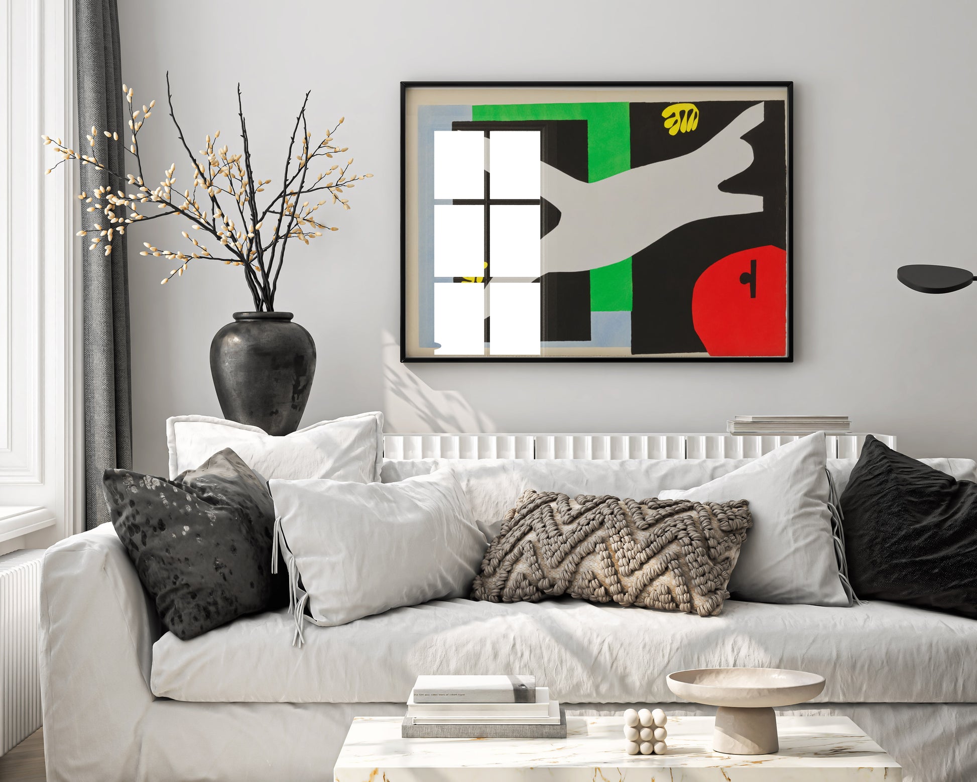 Framed Henri Matisse 'The Swimmer in the Tank' fine art print hanging on a wall as modern living room decor.