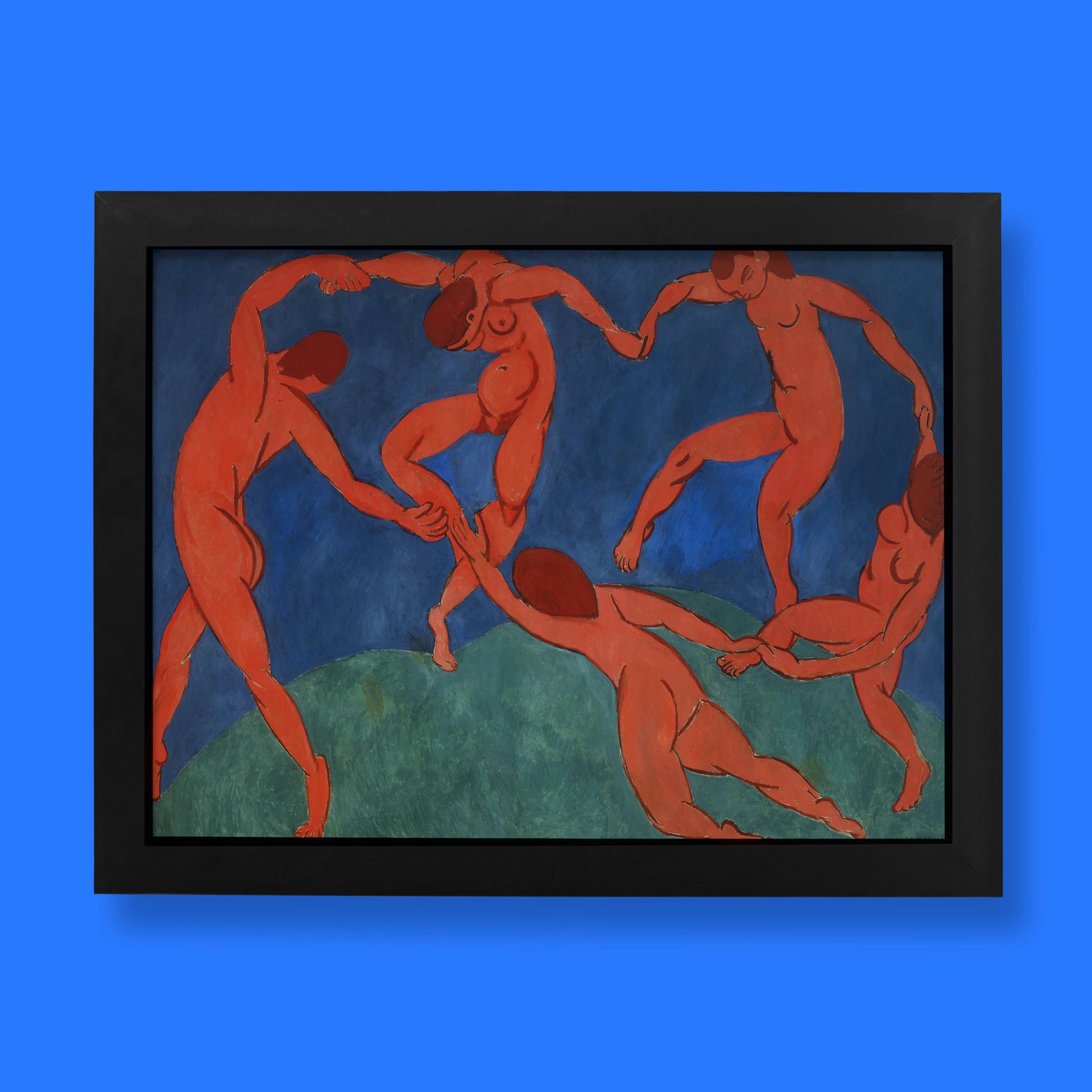 Henri Matisse The Dance fine art print featuring five red figures dancing in a circle against blue sky, premium giclée wall art reproduction perfect for modern home decor