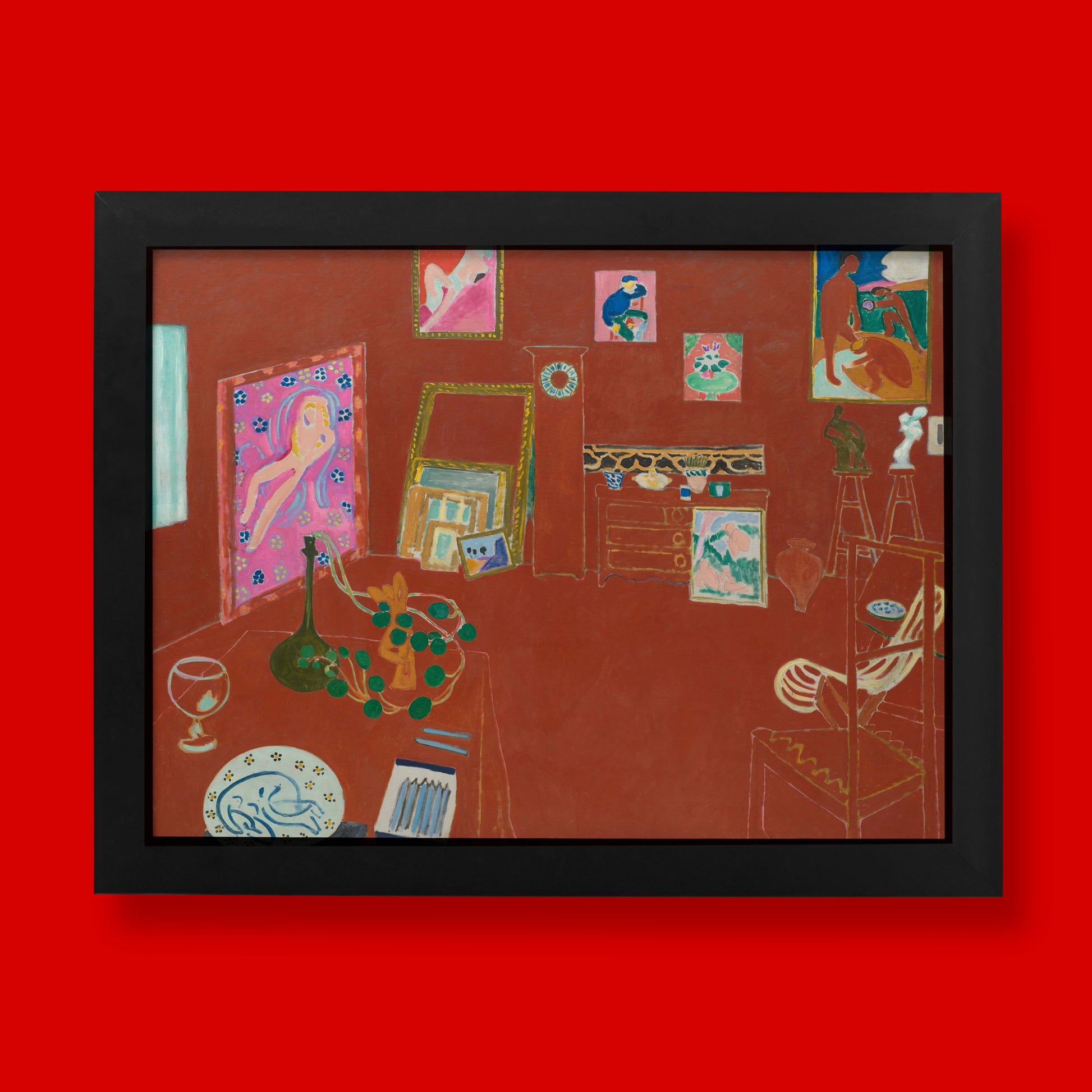 Henri Matisse The Red Studio 1911 fine art print featuring iconic red interior with artists paintings and sculptures on display