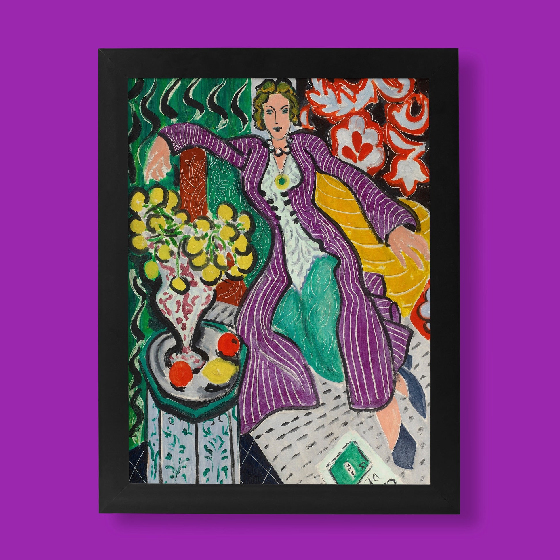Henri Matisse Woman in a Purple Coat fine art print featuring vibrant colours and decorative patterns, museum quality wall art reproduction