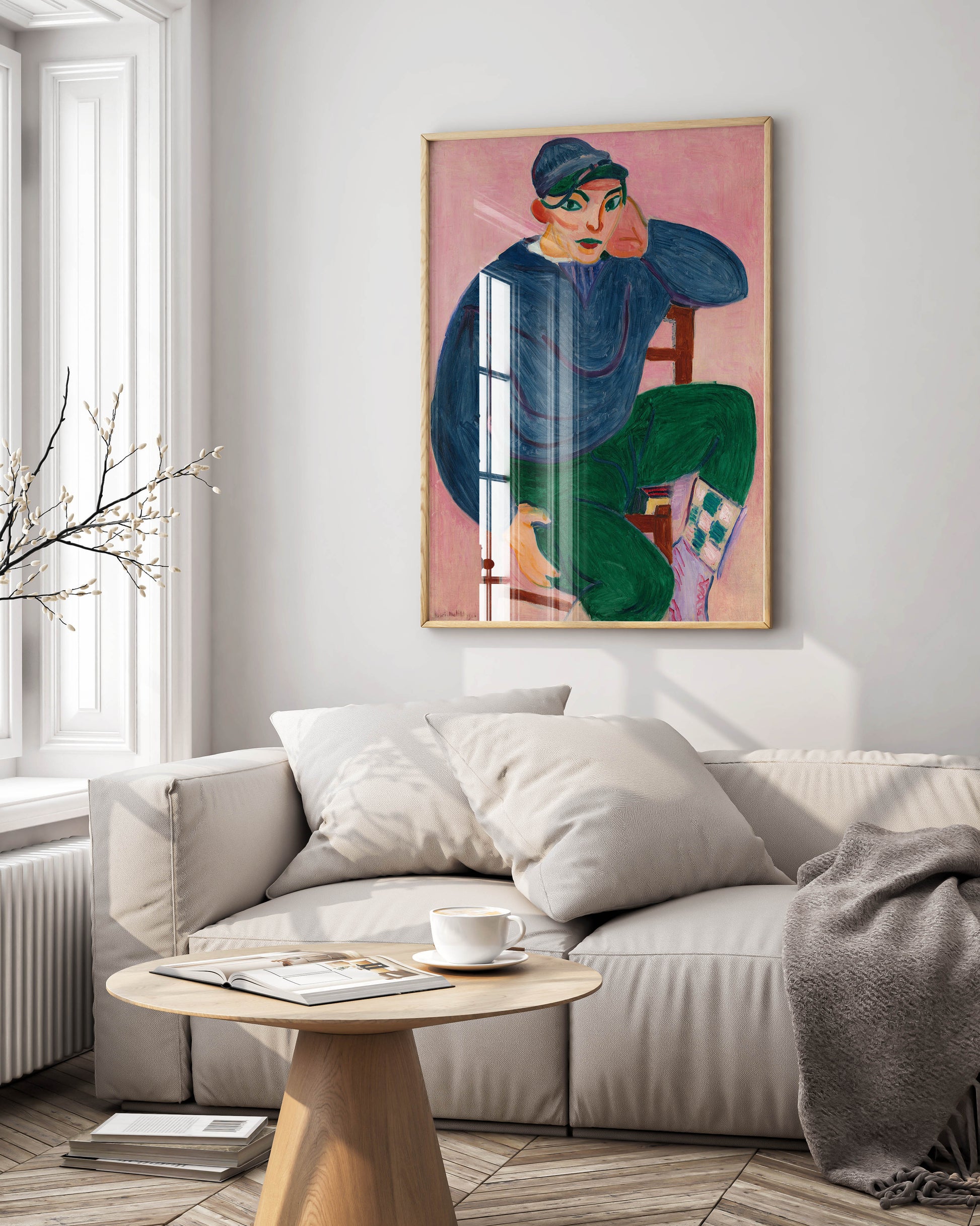 Henri Matisse Young Sailor II framed art print displayed on modern living room wall - Fauvist masterpiece reproduction in stylish frame enhancing contemporary home decor and interior design