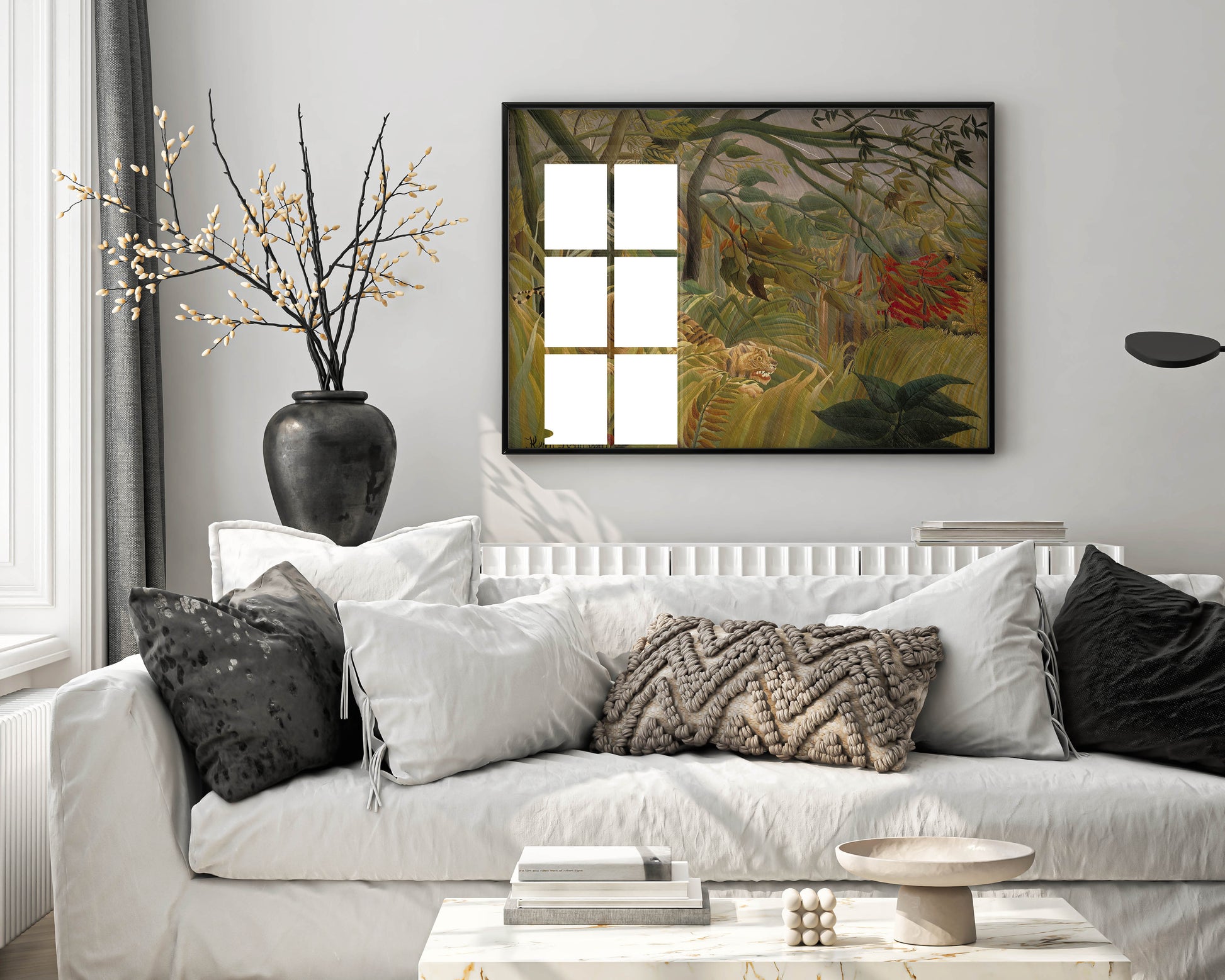 A beautifully framed art print of Henri Rousseau's "Tiger in a Tropical Storm (Surprised!)" hanging as a focal point in a modern living room.