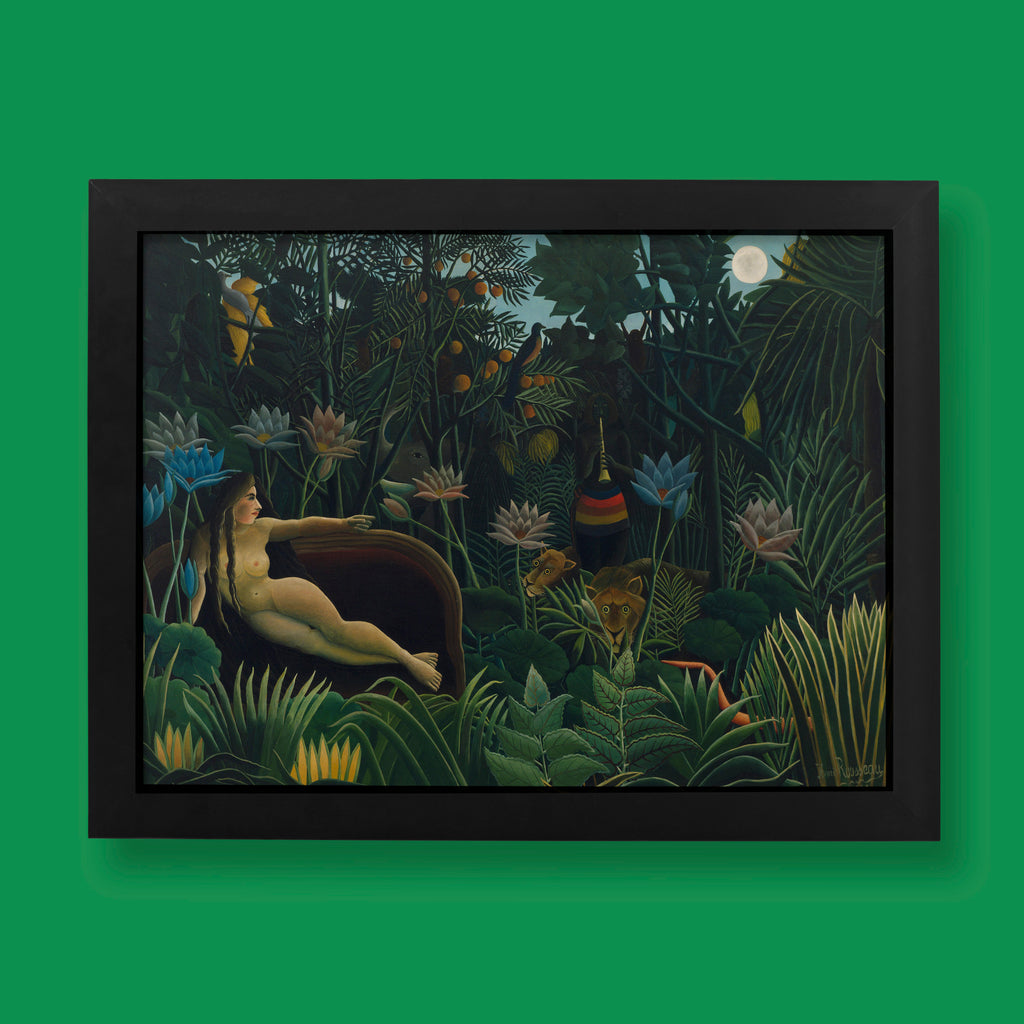A high-quality giclée fine art print of Henri Rousseau's "The Dream," featuring a woman on a sofa in a lush, moonlit jungle.
