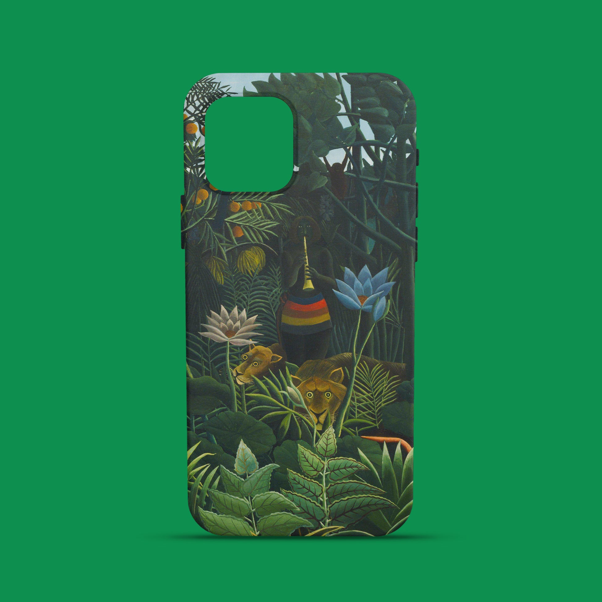 A durable smartphone case featuring a detail from Henri Rousseau's "The Dreamer" painting, with a lush jungle scene and exotic animals.